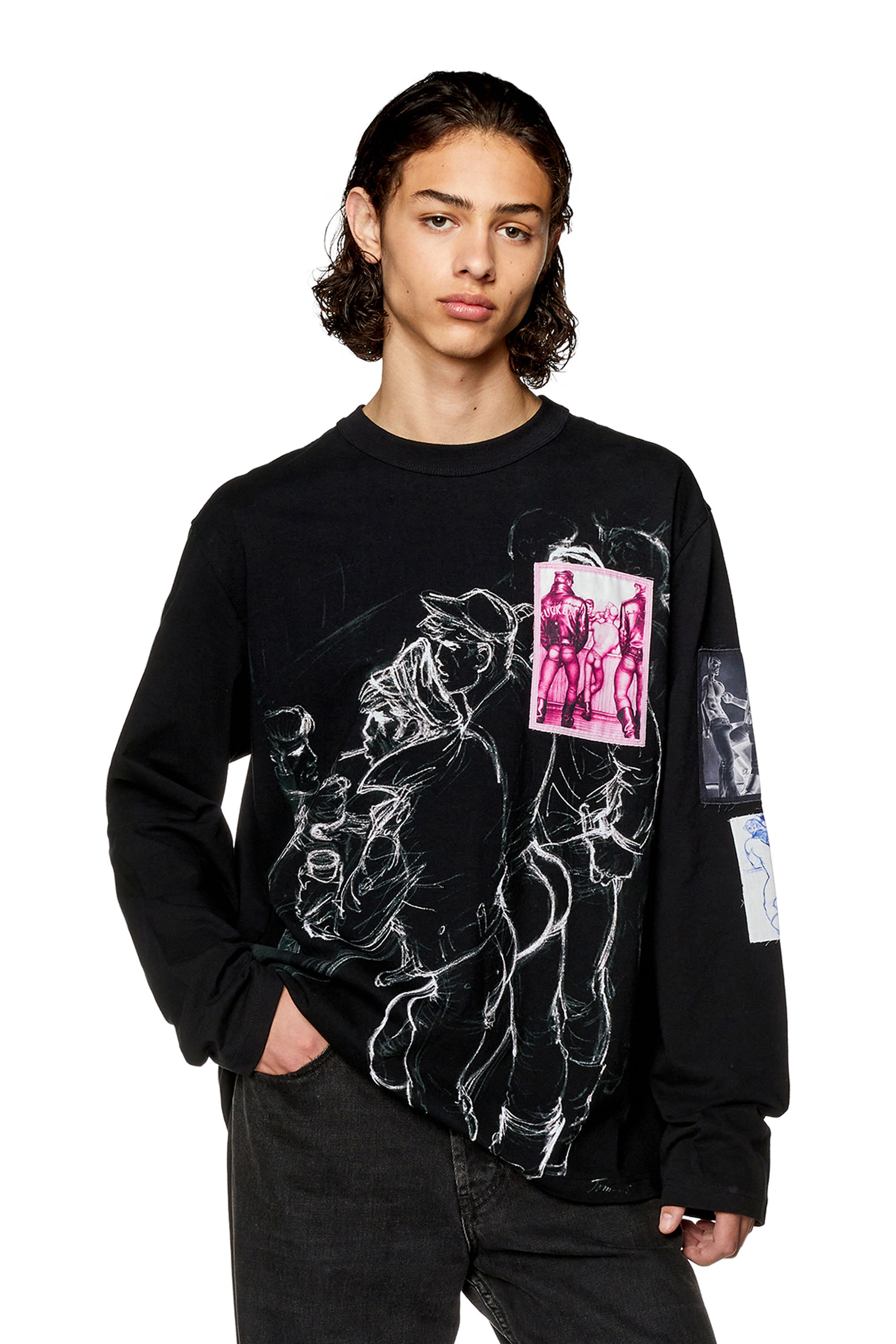 Diesel - PR-T-CRANE-LS, Unisex's Long-sleeve T-shirt with prints and patches in Black - 1