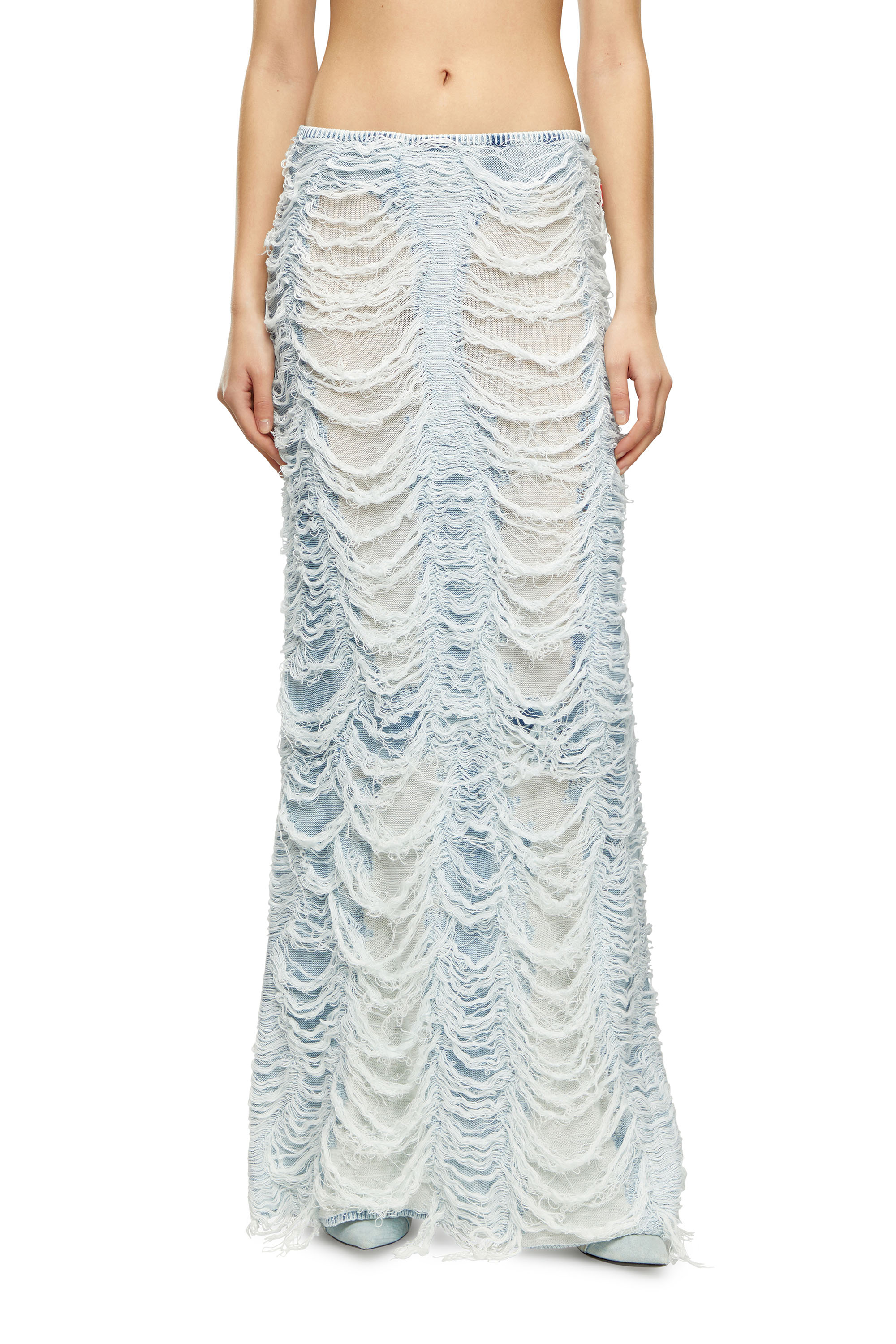 Diesel - M-FIAMMETTA, Woman's Long column skirt in destroyed knit in Light Blue - 1