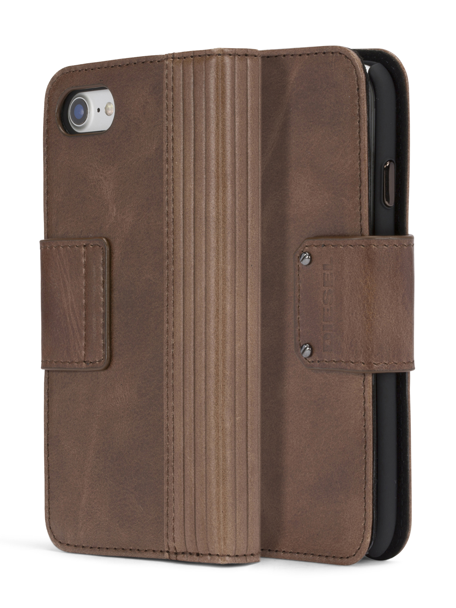 Diesel - BROWN LINED LEATHER IPHONE 8/7 FOLIO, Unisex's Brown lined leather folio, iPhone 8/7 in Brown - 3