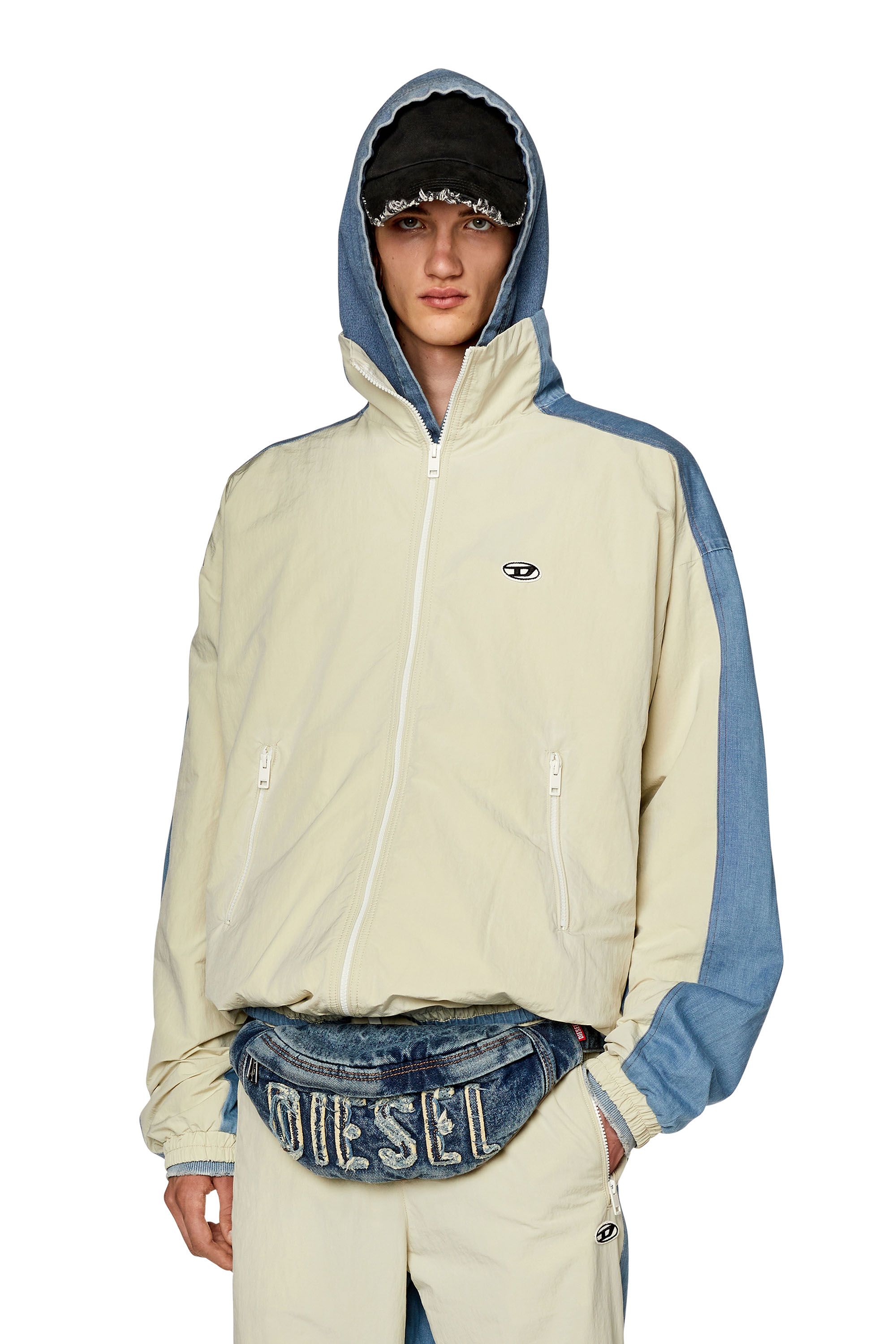 Diesel - J-BRIGHT, Man's Track jacket in wrinkled nylon and denim in Blue/White - 1