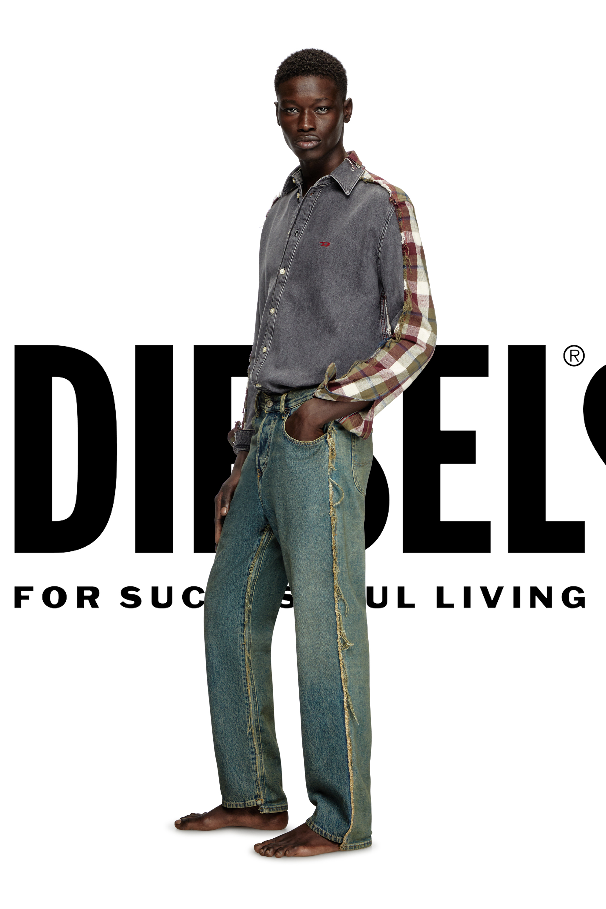 Diesel - Shirt Dieseloves 7A, Unisex's Denim and check shirt in Grey/Red - 2