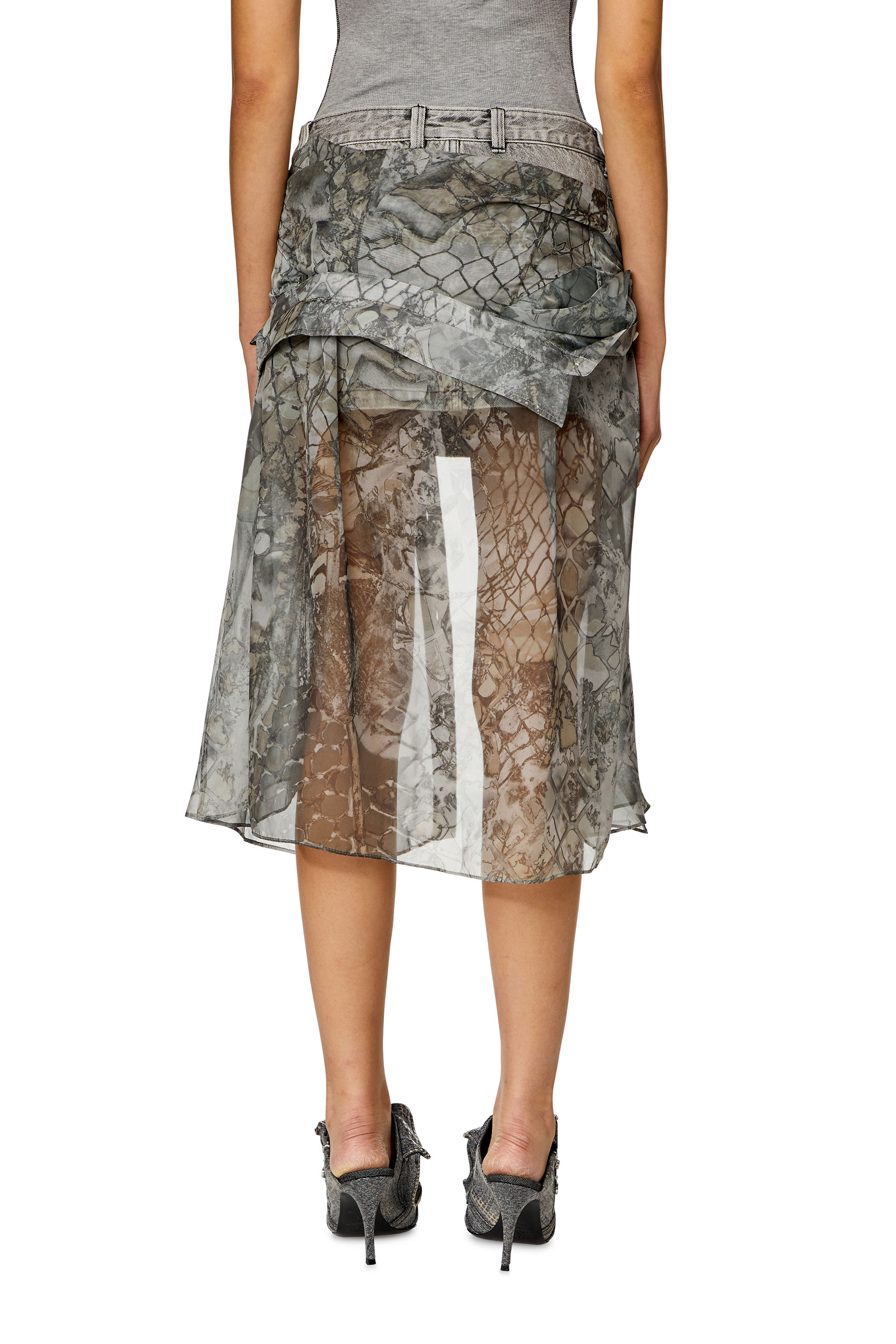 Diesel - O-JEANY, Woman's Denim mini skirt with chiffon overlay in Grey - 4
