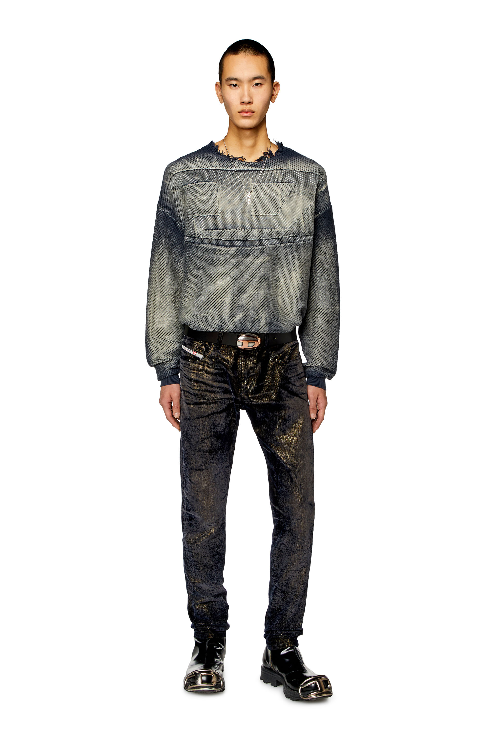 Diesel - K-KLEVER, Man's Frayed denim-effect jumper in Dark Blue - 2
