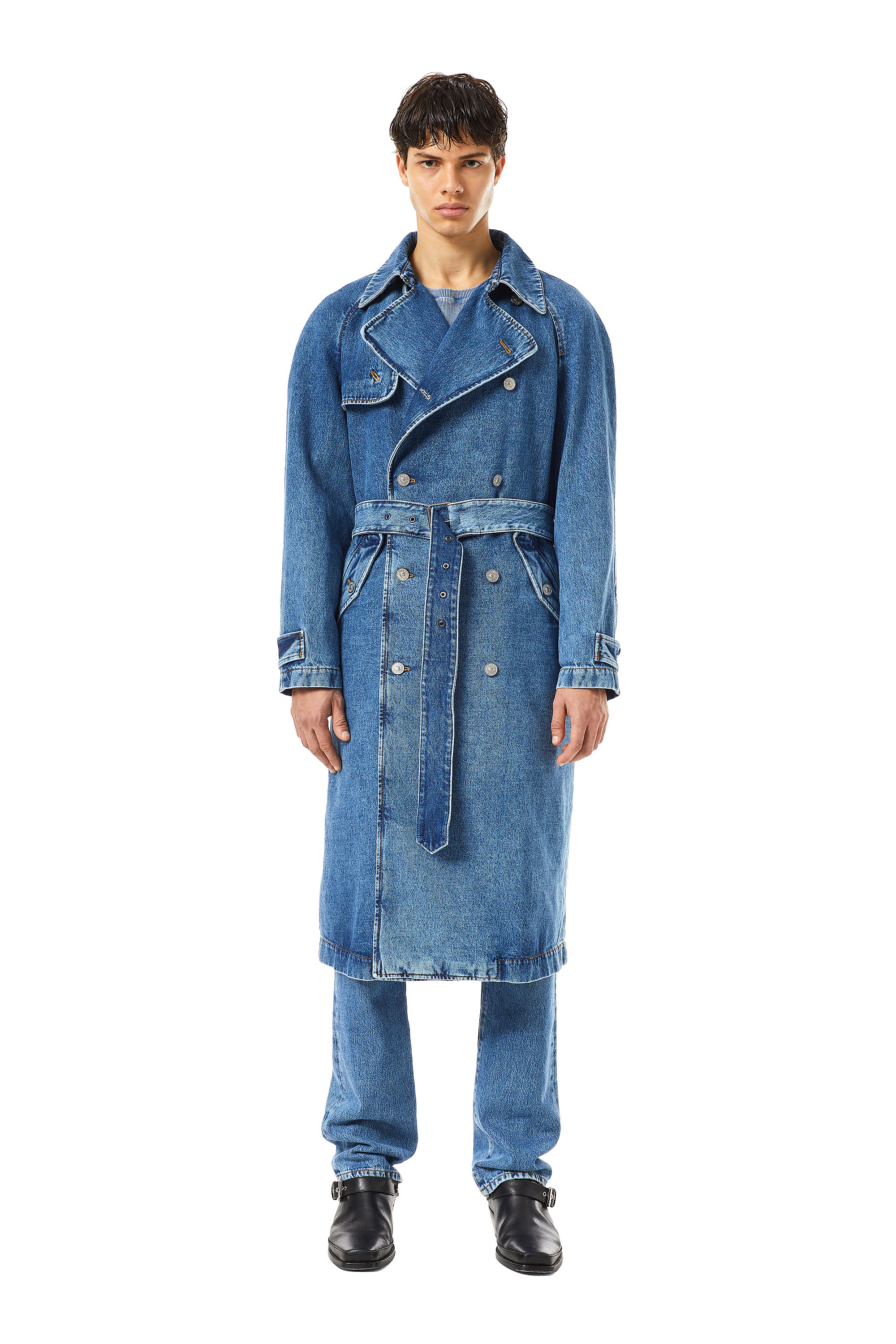 Diesel - D-DELIRIOUS DOUBLE BREASTED TRENCH COAT, Unisex's Trench coat in denim in Medium blue - 1