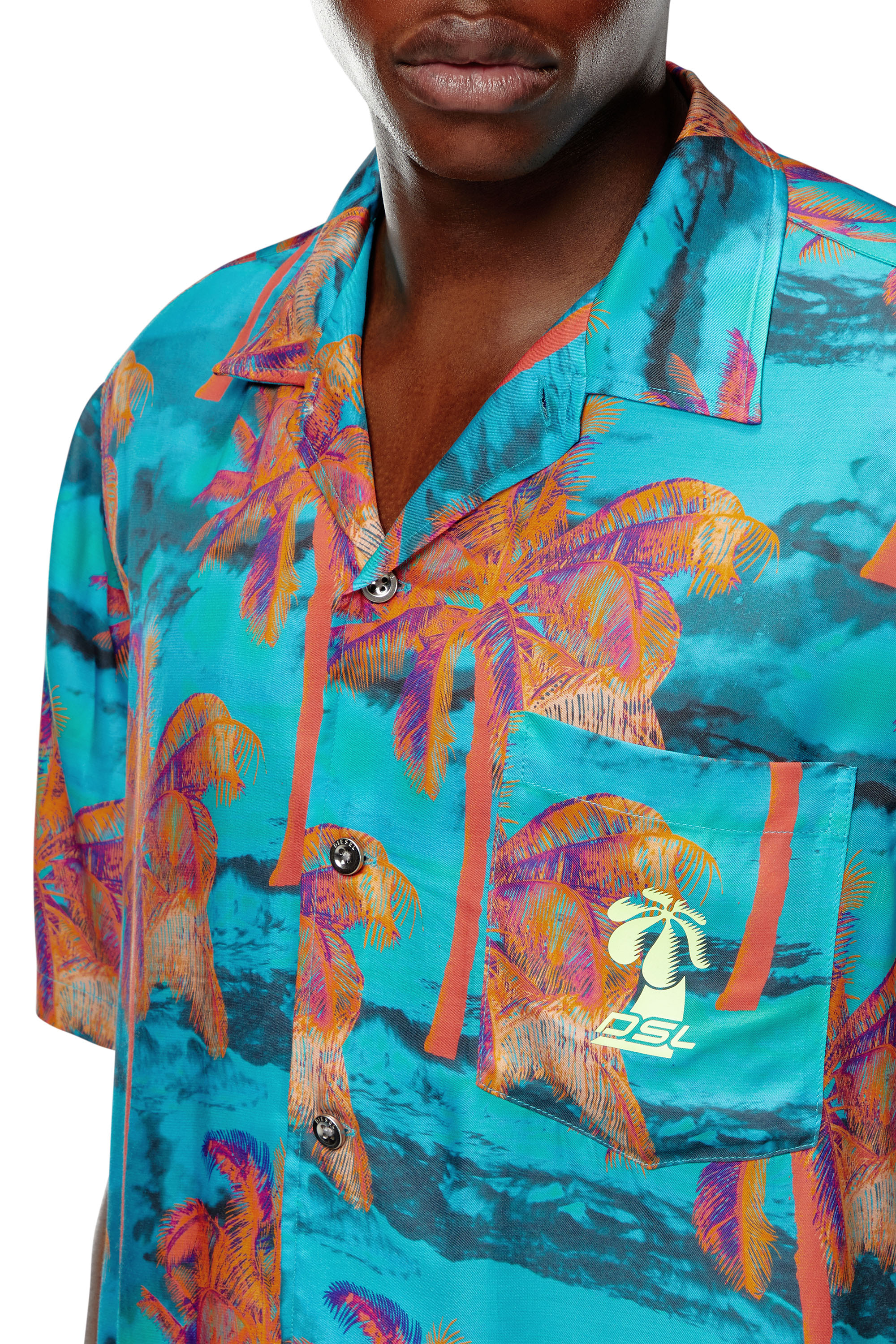 Diesel - BMOWT-ADRIAN, Man's Beach shirt with palm trees print in Blue - 4