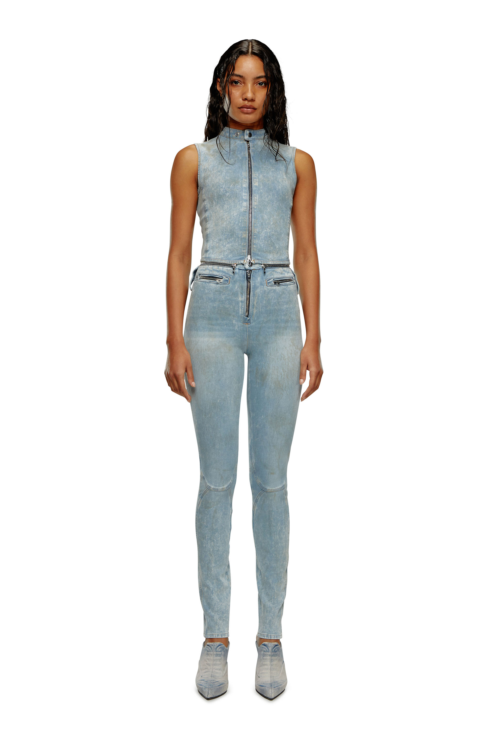 Diesel - DE-NATAISLA-FSE, Woman's Second-skin transformable denim jumpsuit in Light Blue - 1