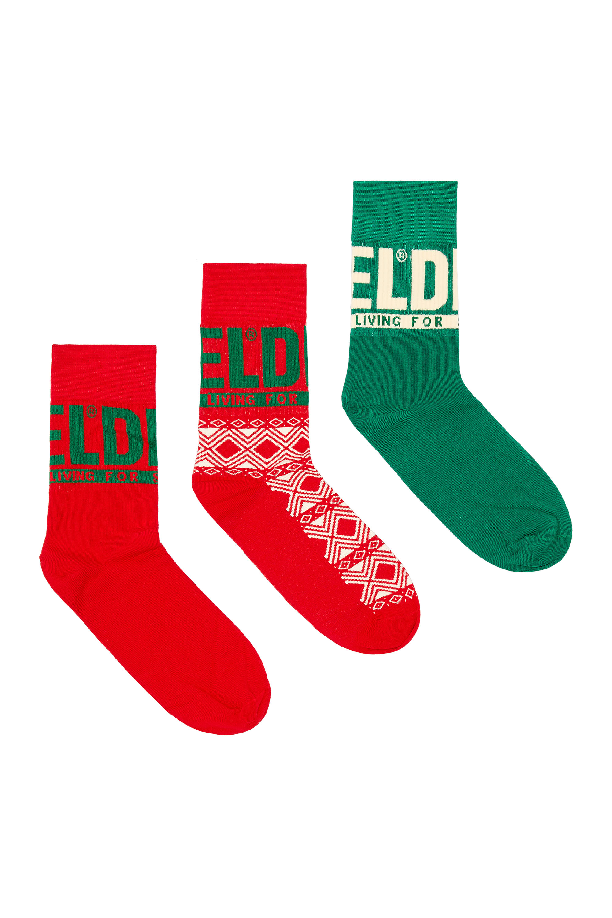 Diesel - SKM-RAY-THREEPACK, Man's Three-pack socks plain and geometric in Red/Green - 2