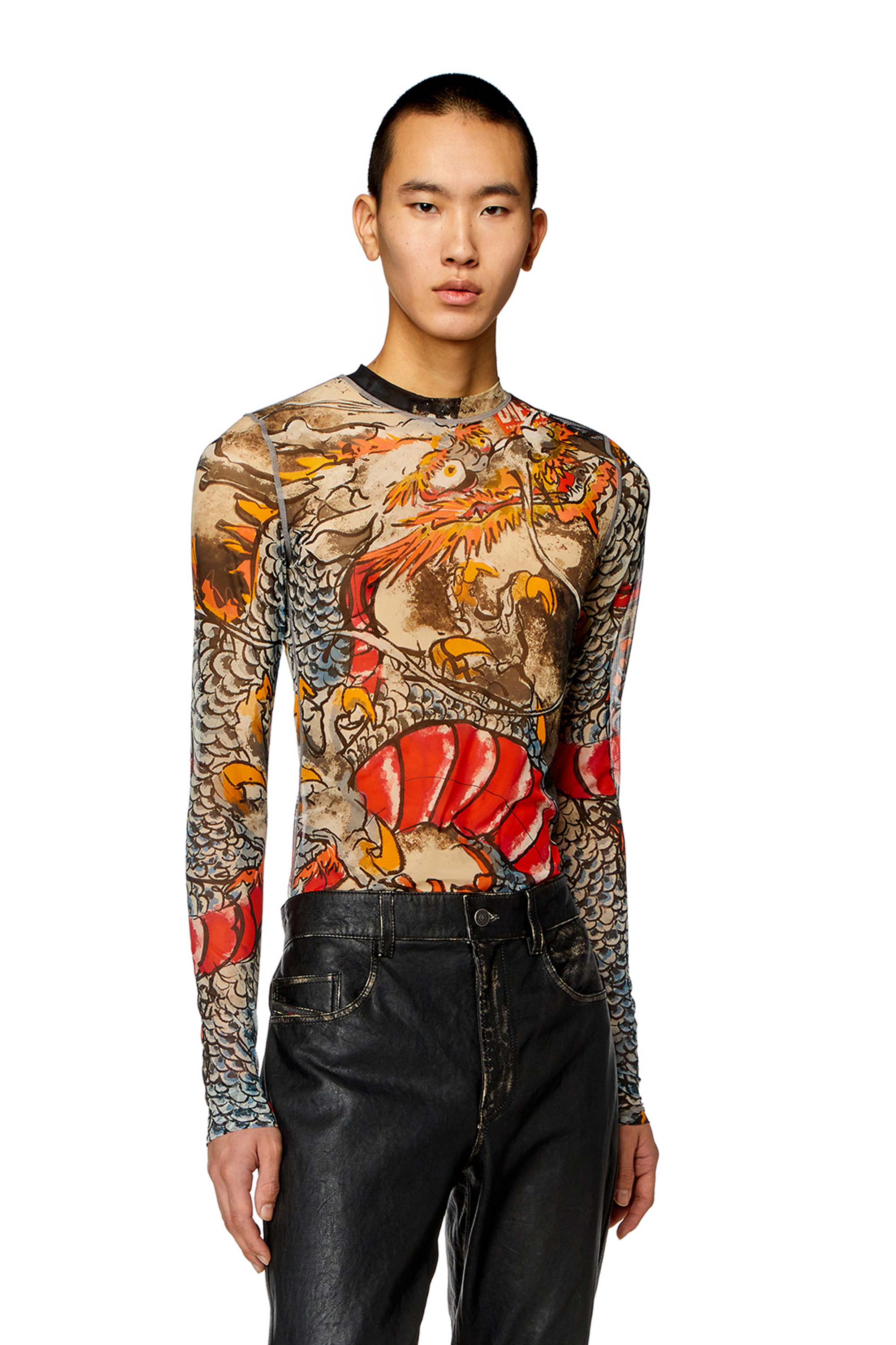 Diesel - CL-T-SIELAR-DRAGON, Unisex's Mesh top with Dragon print in Beige/Red - 2
