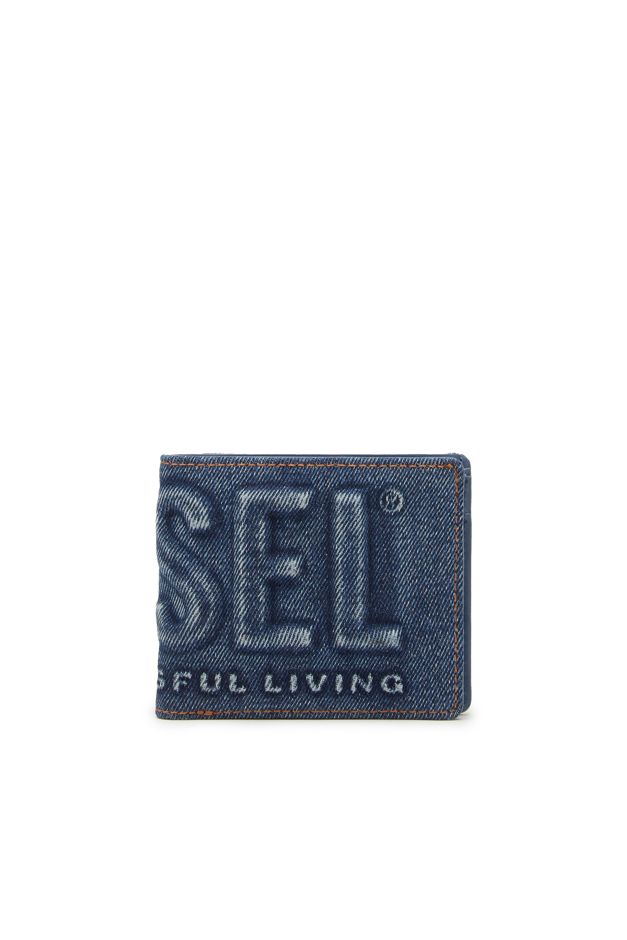 Diesel - BI-FOLD COIN S, Man's Bi-fold wallet in logo-embossed denim in Blue - 1