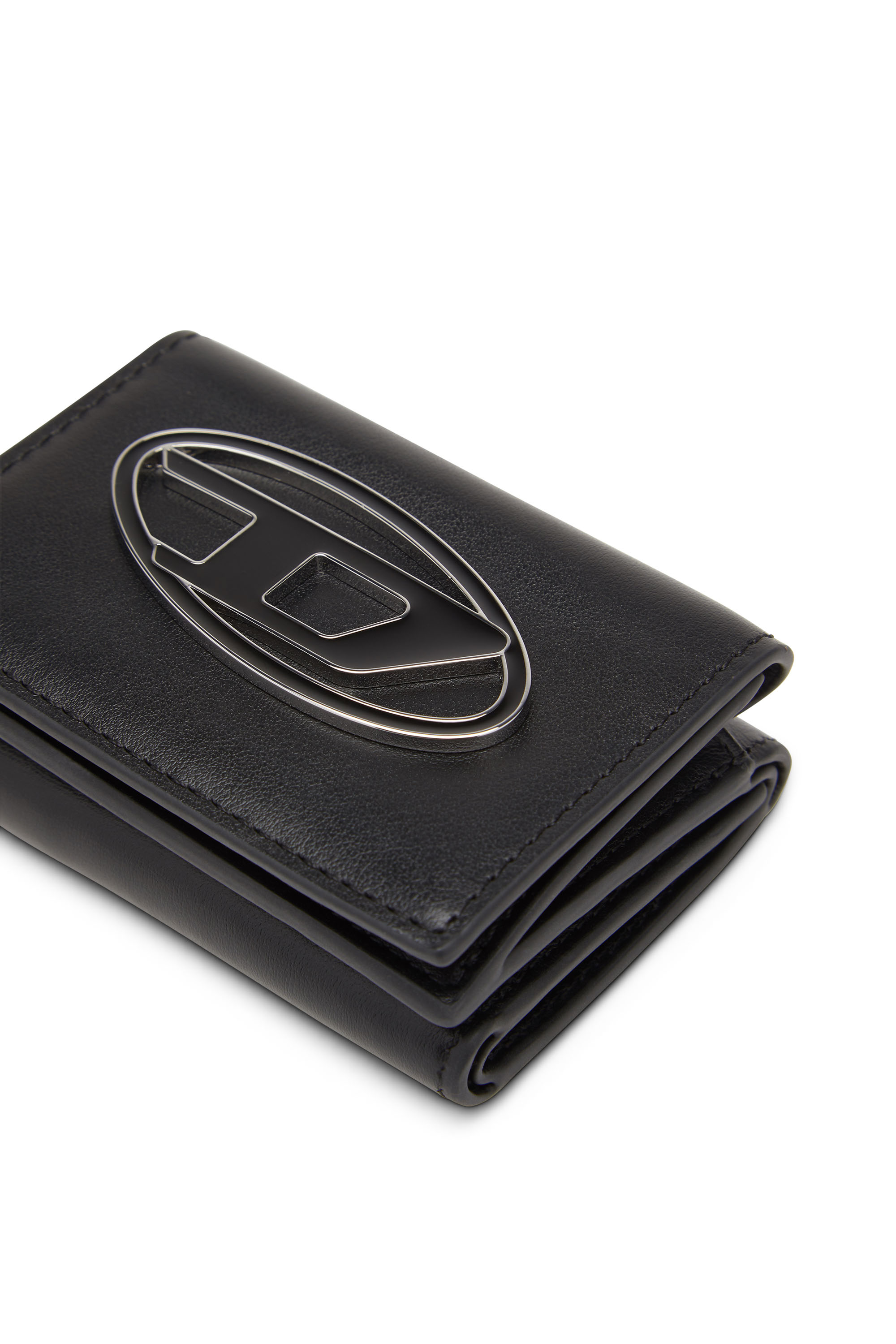 Diesel - LORETTINA, Woman's Leather tri-fold wallet with logo plaque in Black - 4
