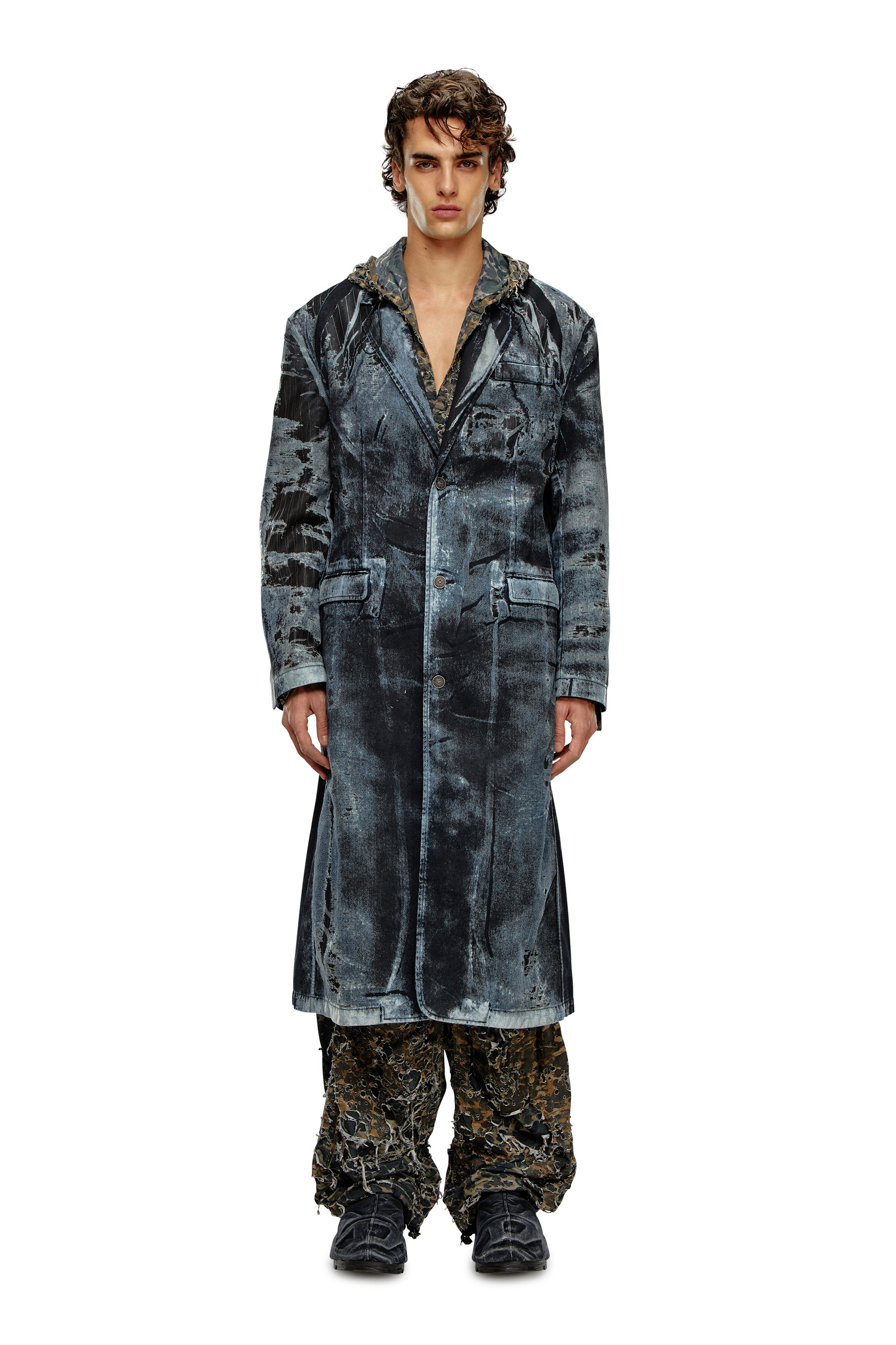 Diesel - D-BLA-LONG-DEV-FSE, Man's Coat in pinstriped devoré denim in Dark Blue - 2