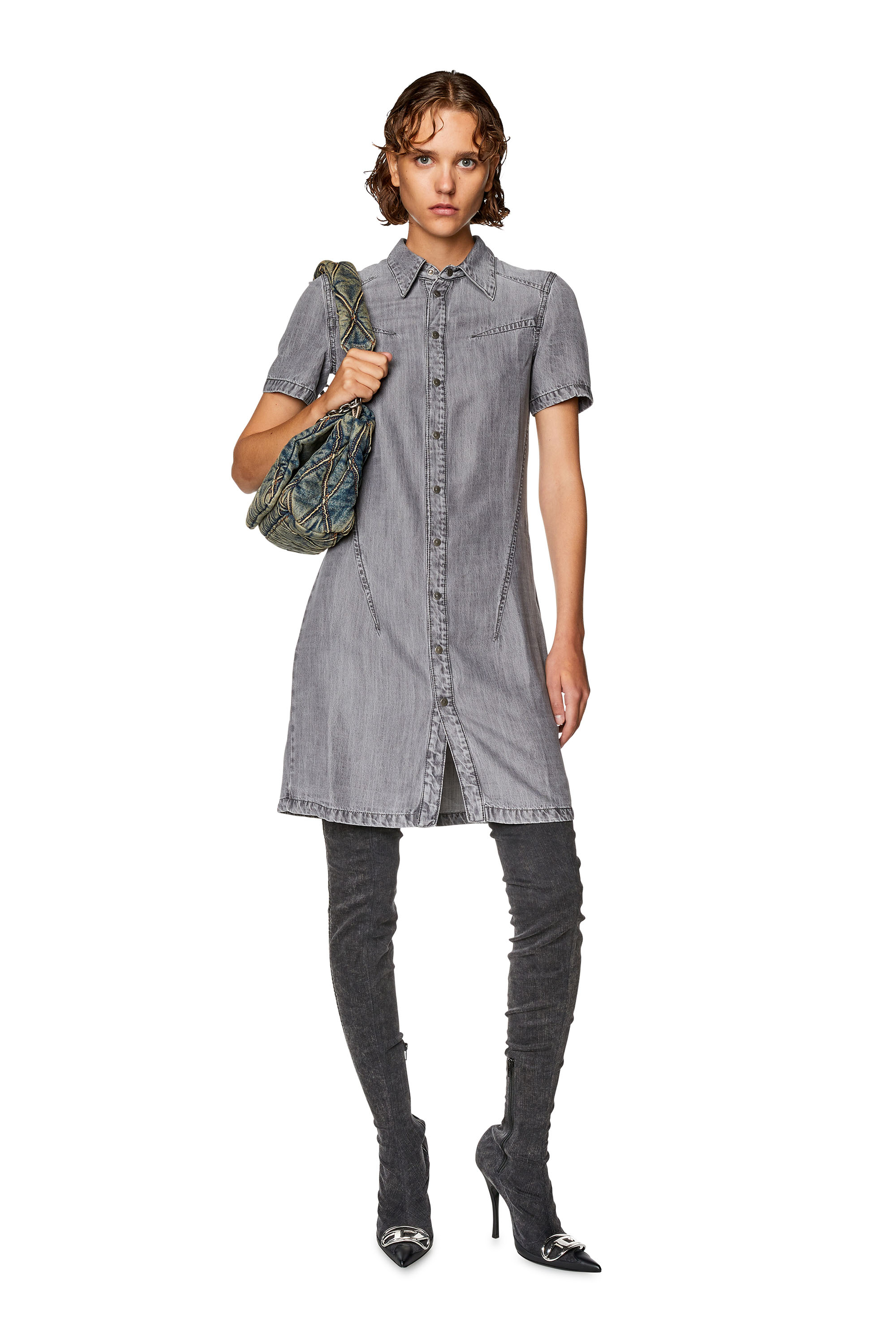 Diesel - DE-SHIRTY, Woman's Buttoned shirt dress in light denim in Dark grey - 1