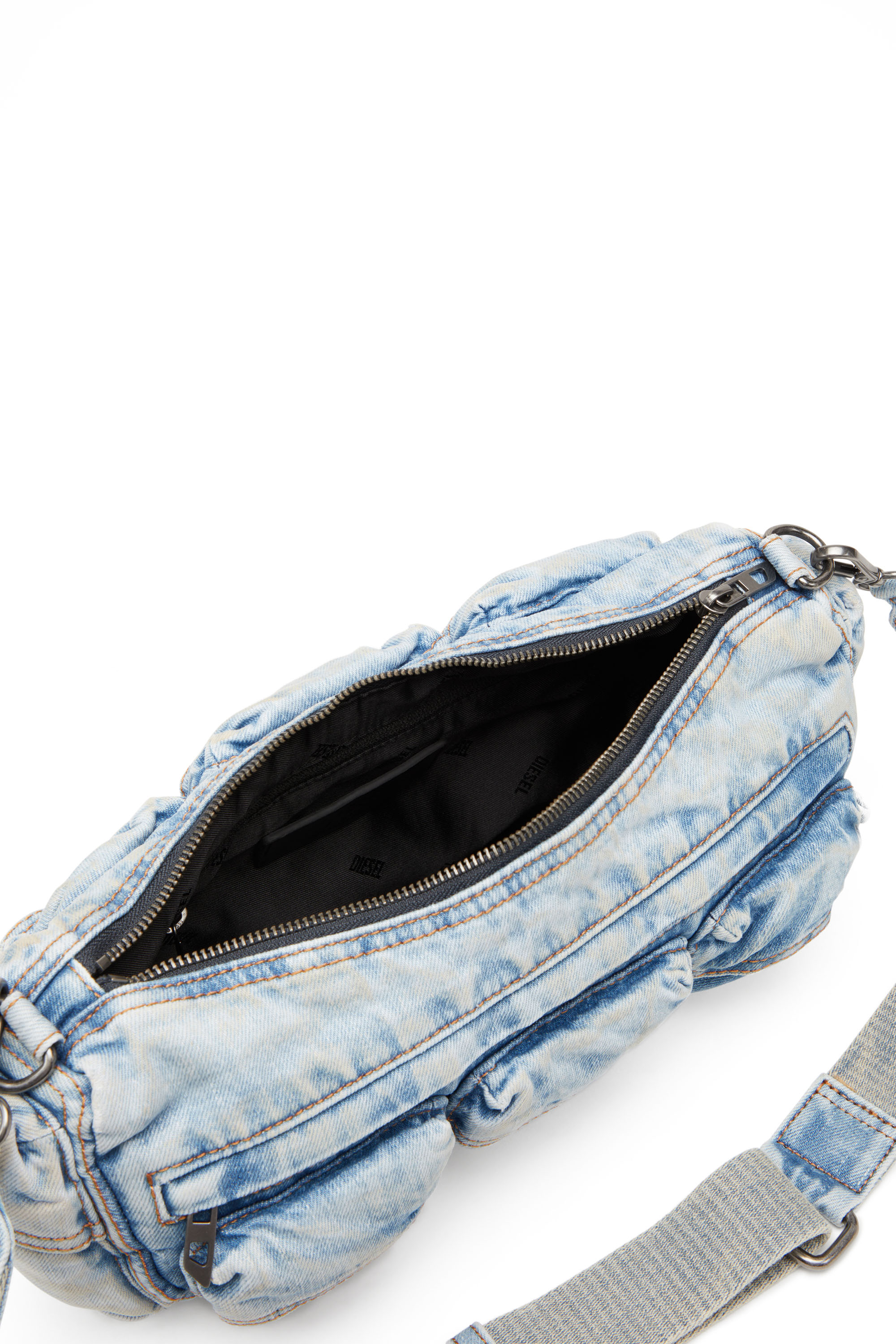 Diesel - RE-EDITION TRAVEL 3000 SHOULDER BAG X, Unisex's Travel 3000-Multipocket bag in treated denim in Light Blue - 4