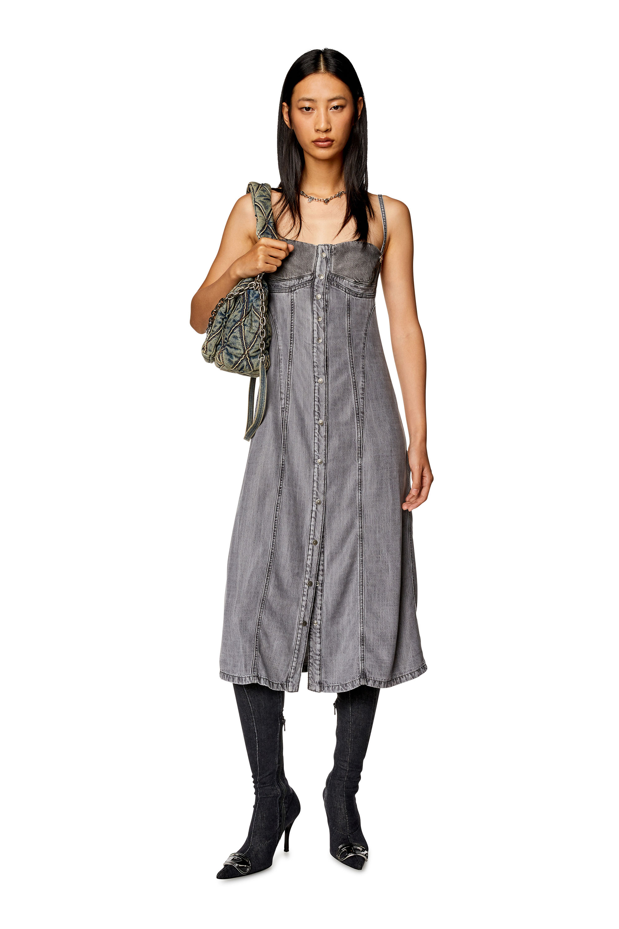 Diesel - DE-DRESSY, Woman's Strappy midi dress in light denim in Dark grey - 1