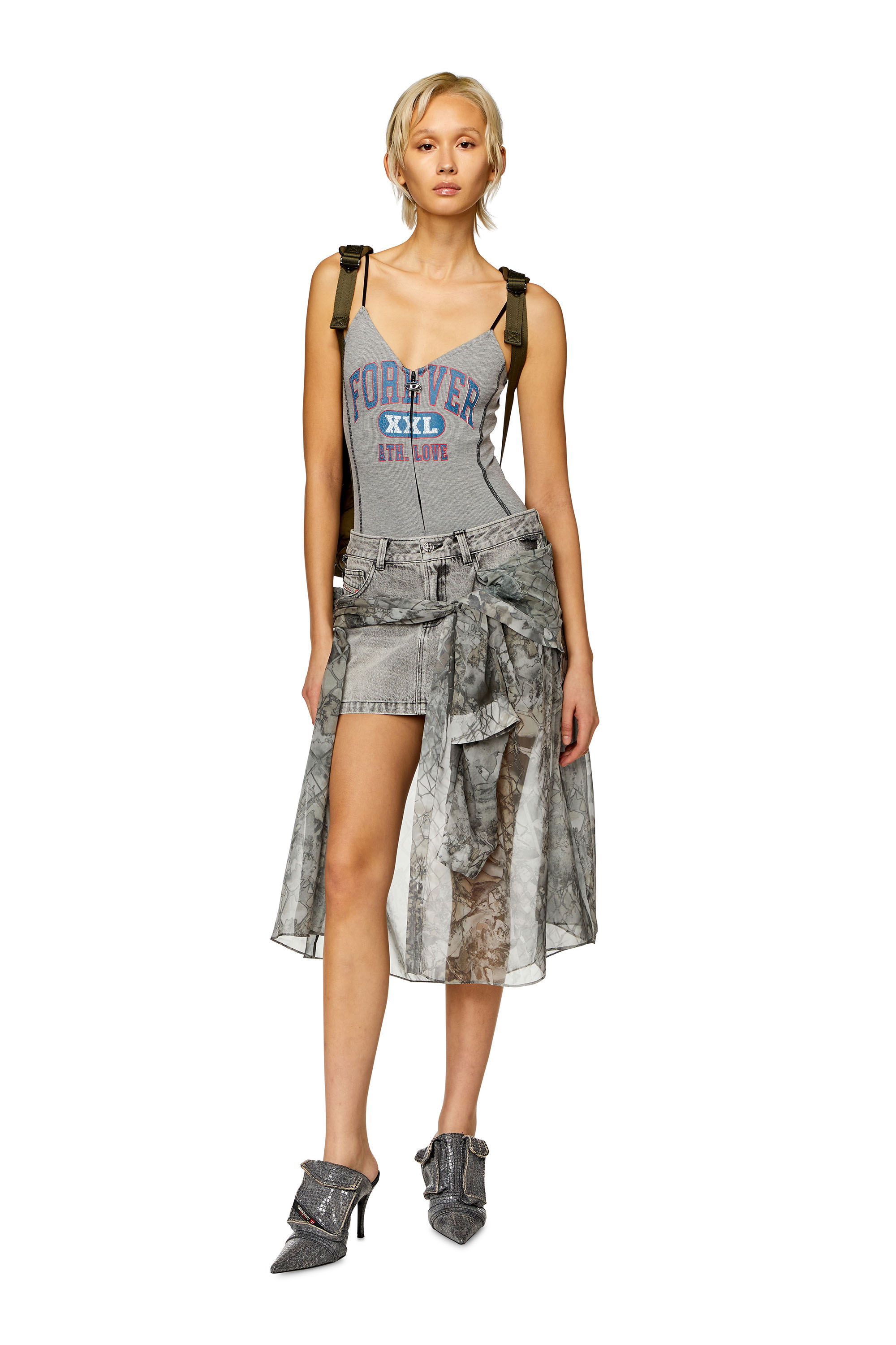 Diesel - O-JEANY, Woman's Denim mini skirt with chiffon overlay in Grey - 2