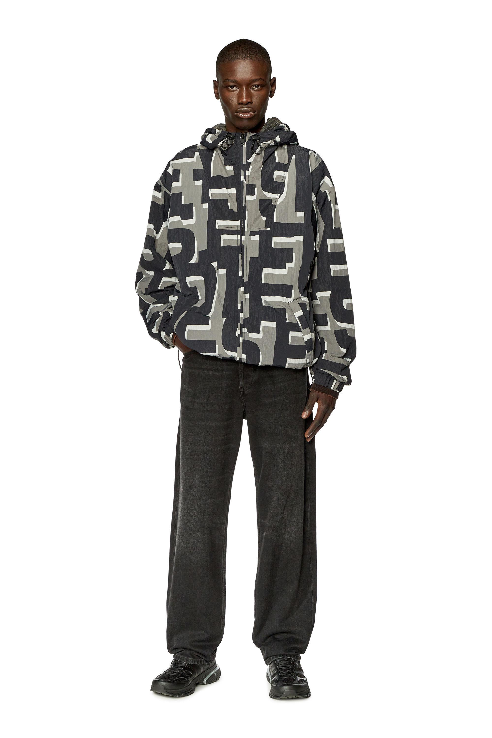 Diesel - J-JASS-MON-PRINT, Man's Nylon windbreaker with monogram print in Grey/Black - 2