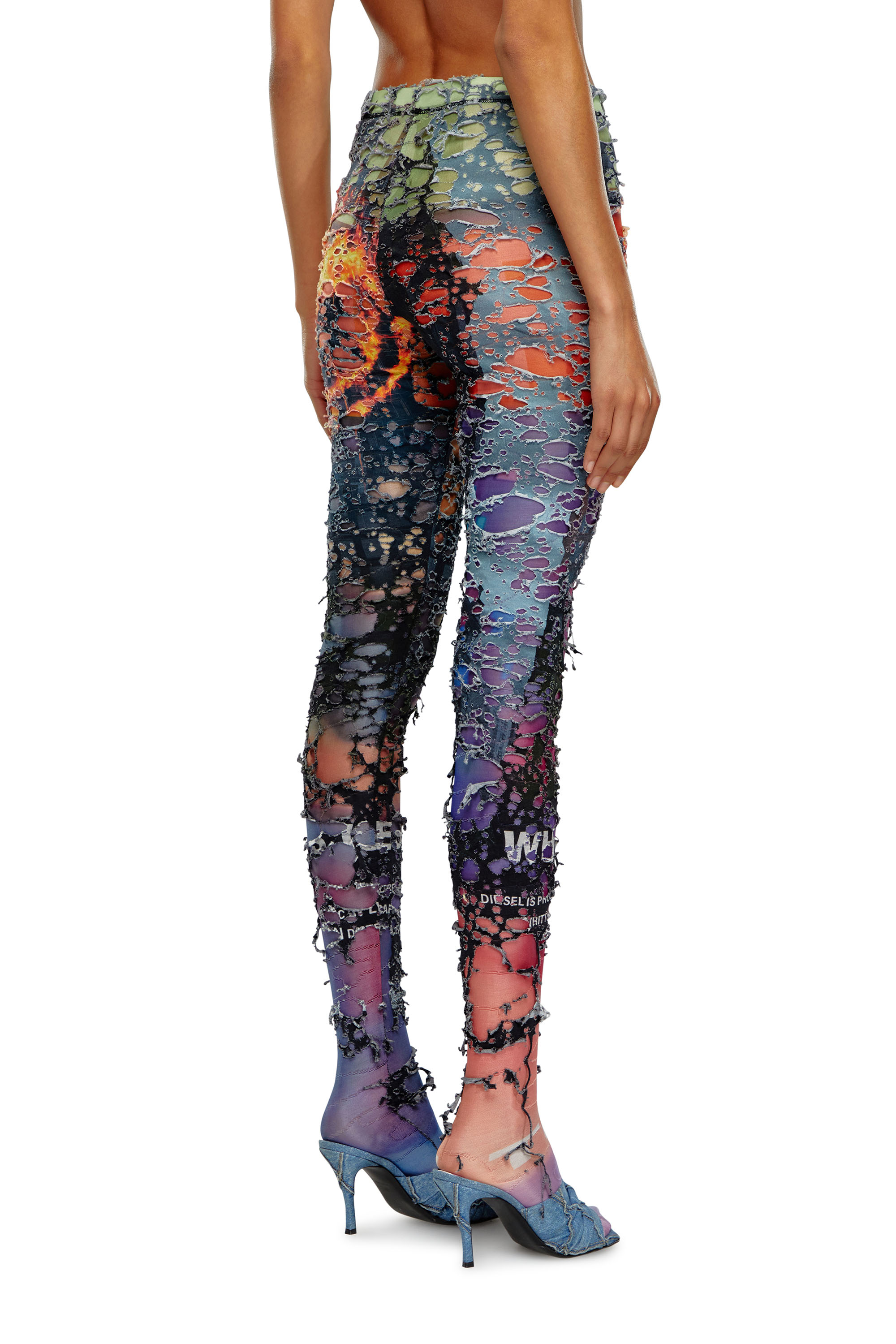 Diesel - P-KOLL-DEV, Woman's Destroyed tights with cinema prints in Orange/Pink - 4