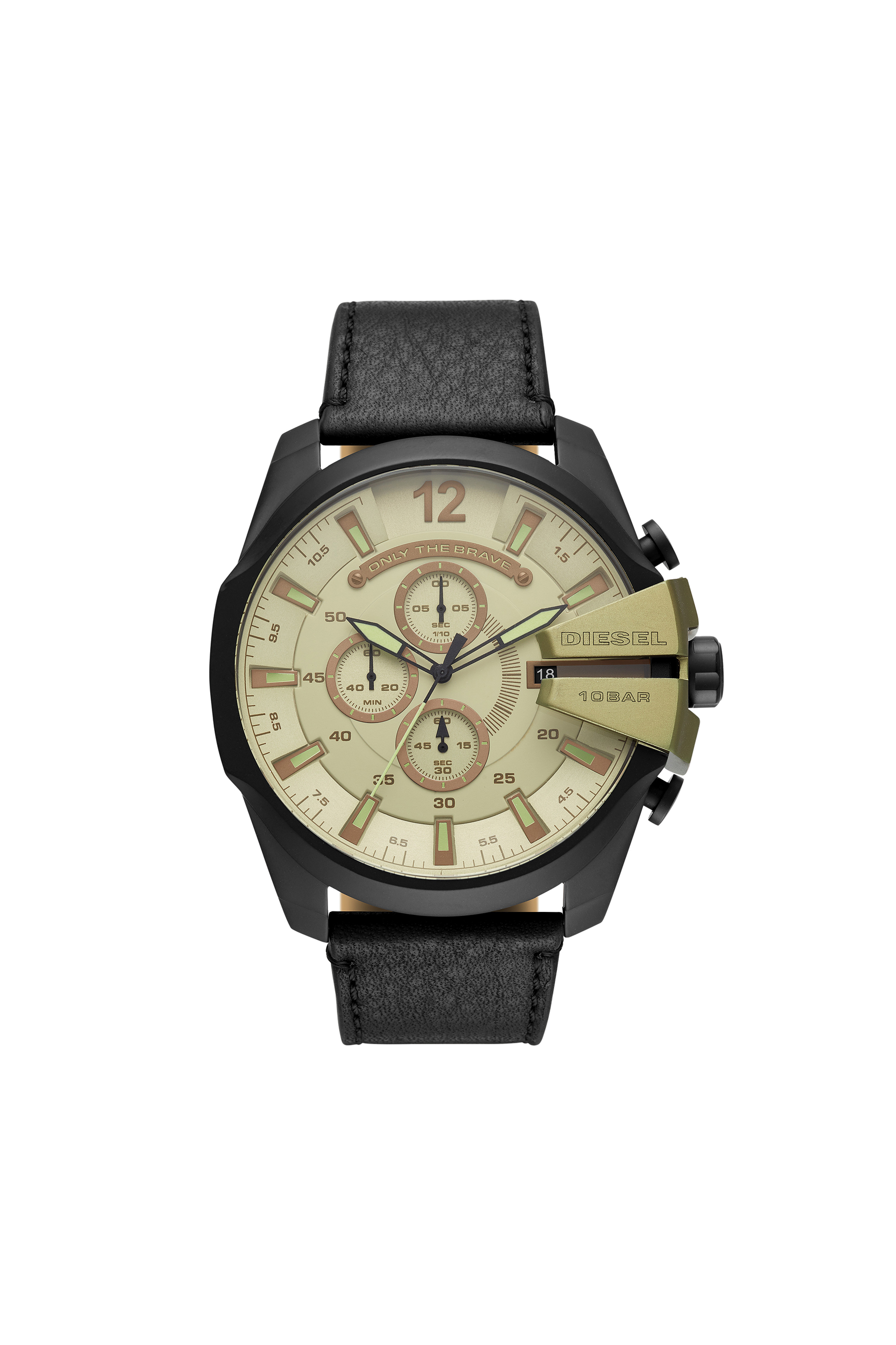 Diesel - DZ4495, Man's Mega Chief analog black leather watch in Black/Green - 1