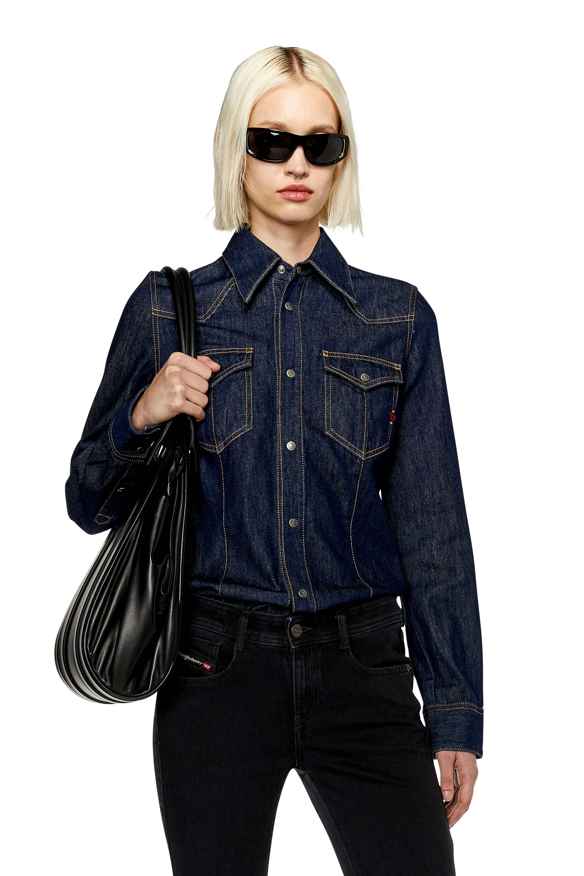 Diesel - DE-WAVES, Woman's Western shirt in blue rinse wash in Dark Blue - 1