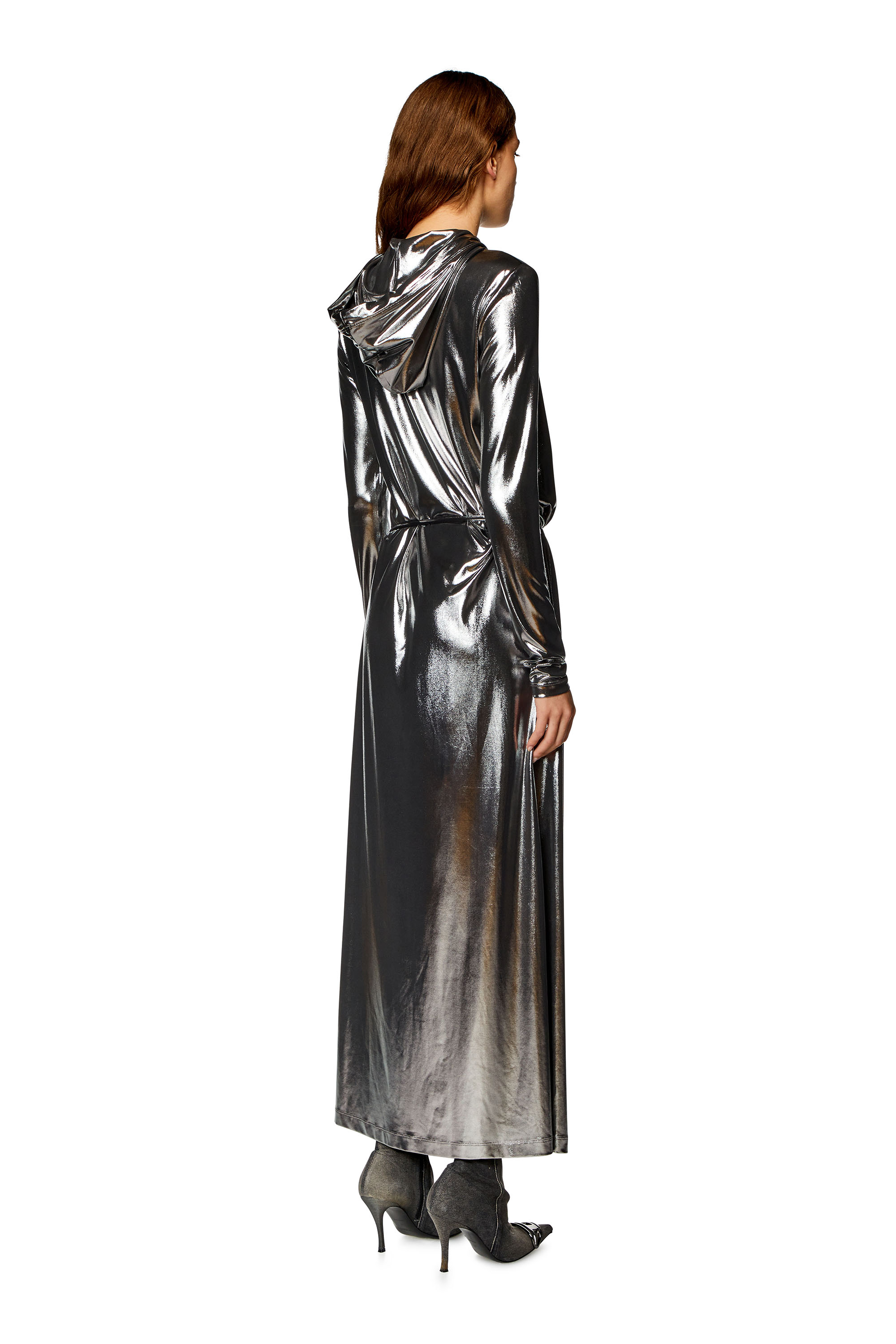 Diesel - D-FANZY-N1, Woman's Hooded maxi dress in metallic jersey in Silver - 3
