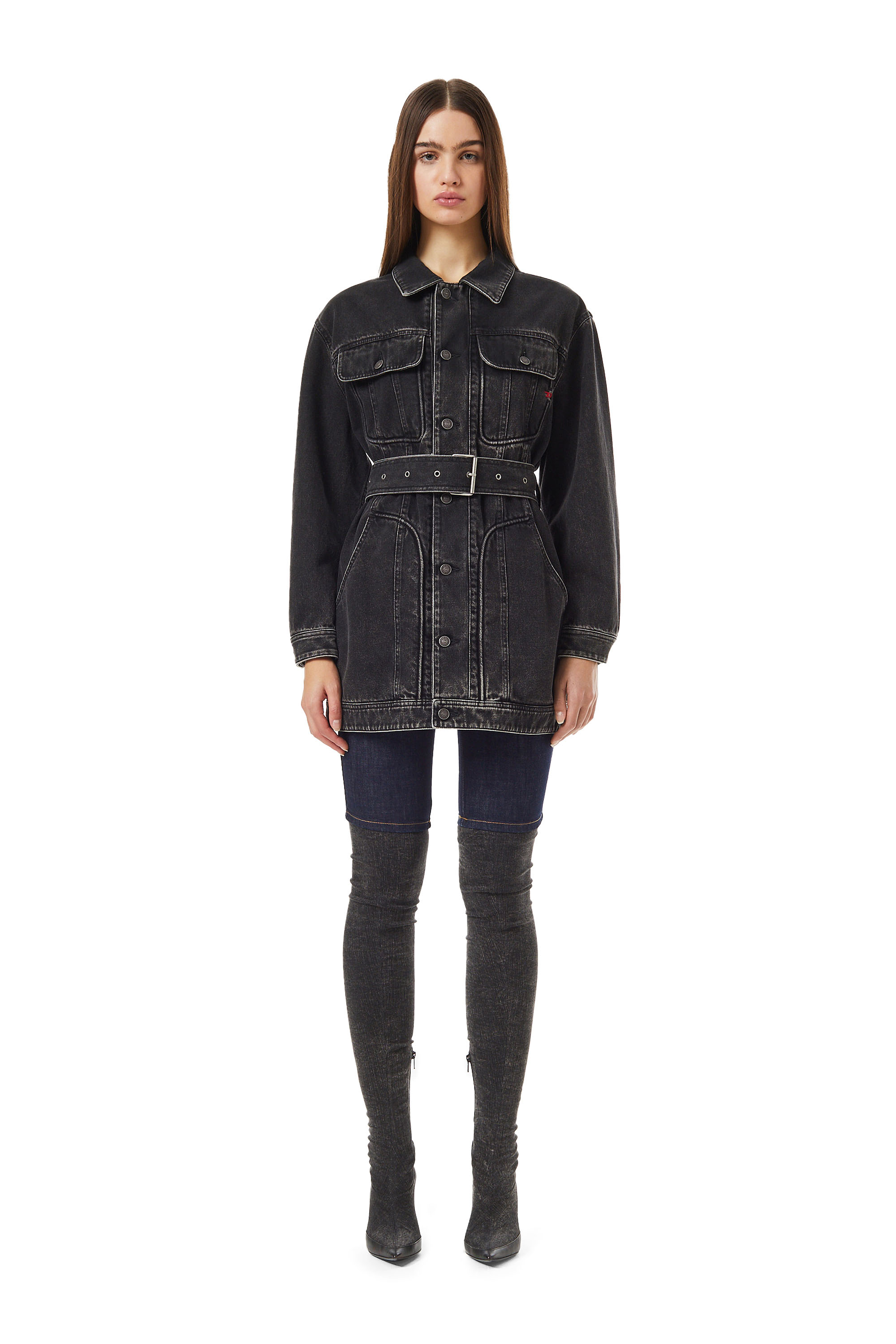 Diesel - DE-FLAMINIA TRUCKER COAT, Woman's Trucker coat in Black/Dark grey - 1