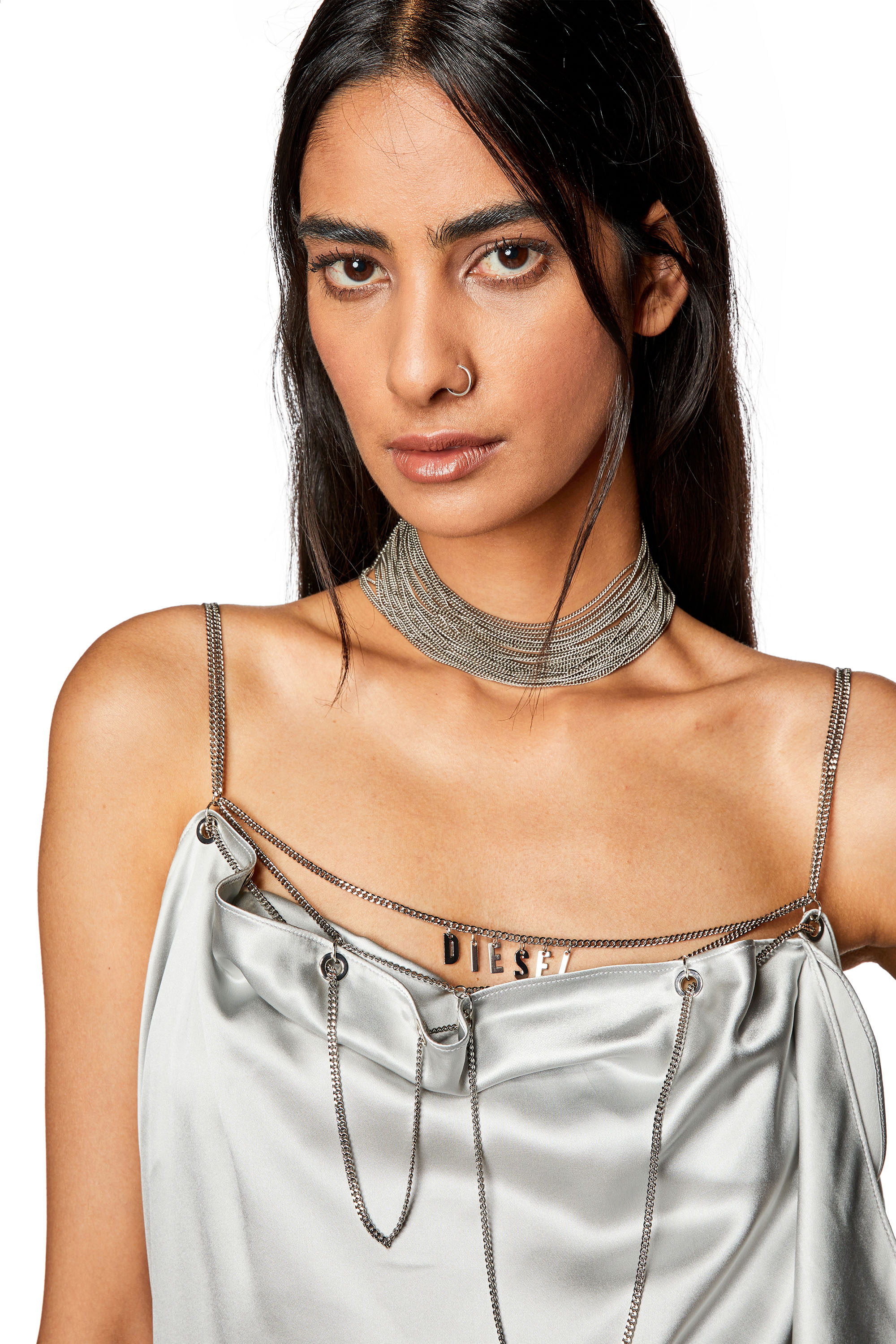 Diesel - D-CHAIN, Woman's Silk dress with metal eyelets in Silver - 4