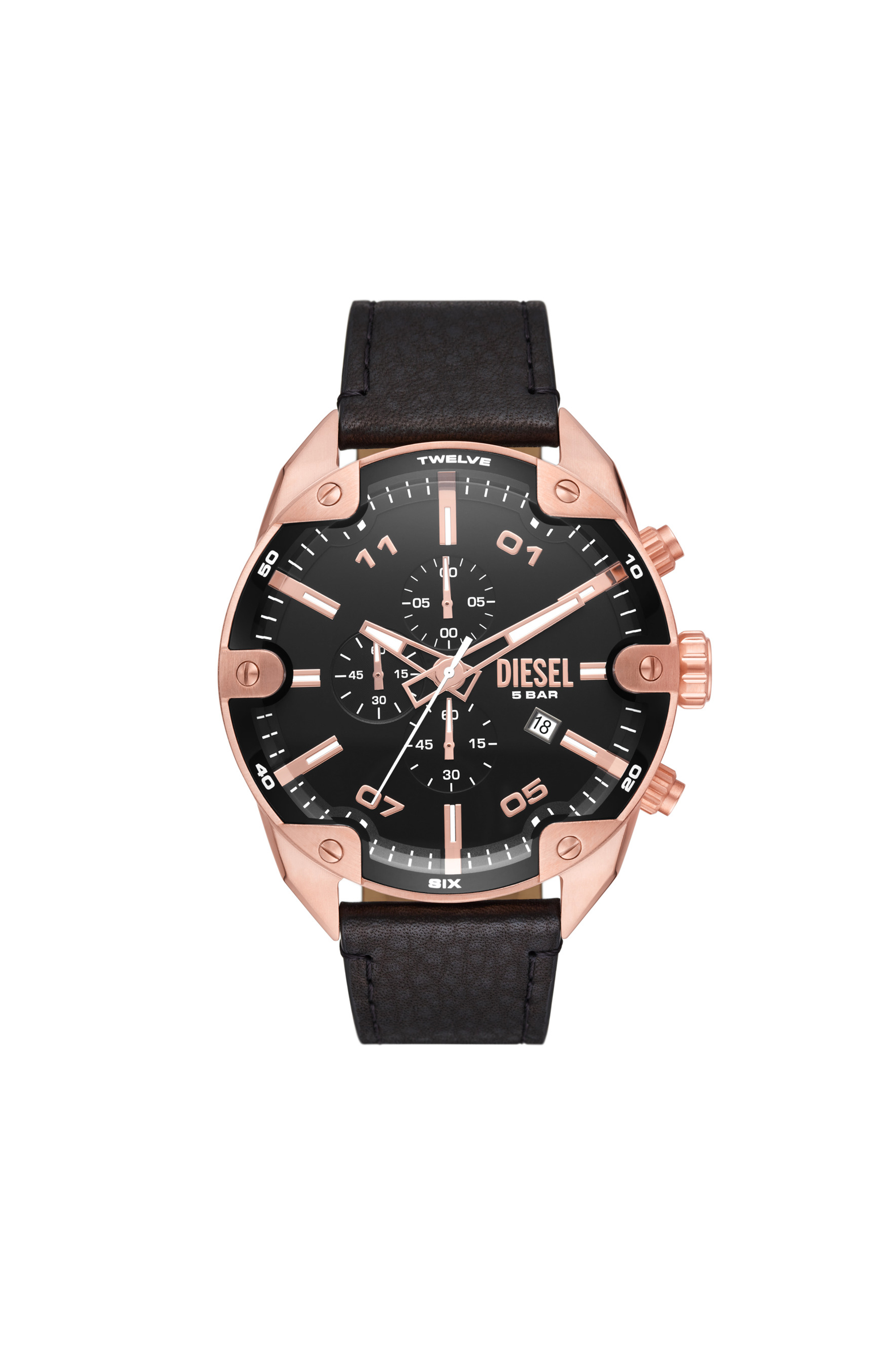 Diesel - DZ4607, Man's Spiked Chronograph Black Leather Watch in Black/Pink - 1