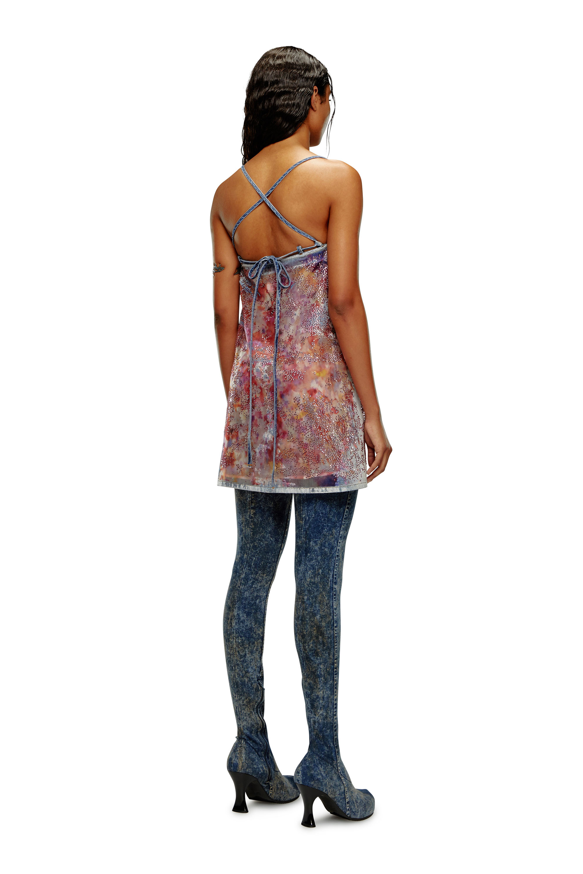 Diesel - DE-HELD-SHORT-FSE, Woman's Strappy midi dress in sequin denim in Blue/Red - 3