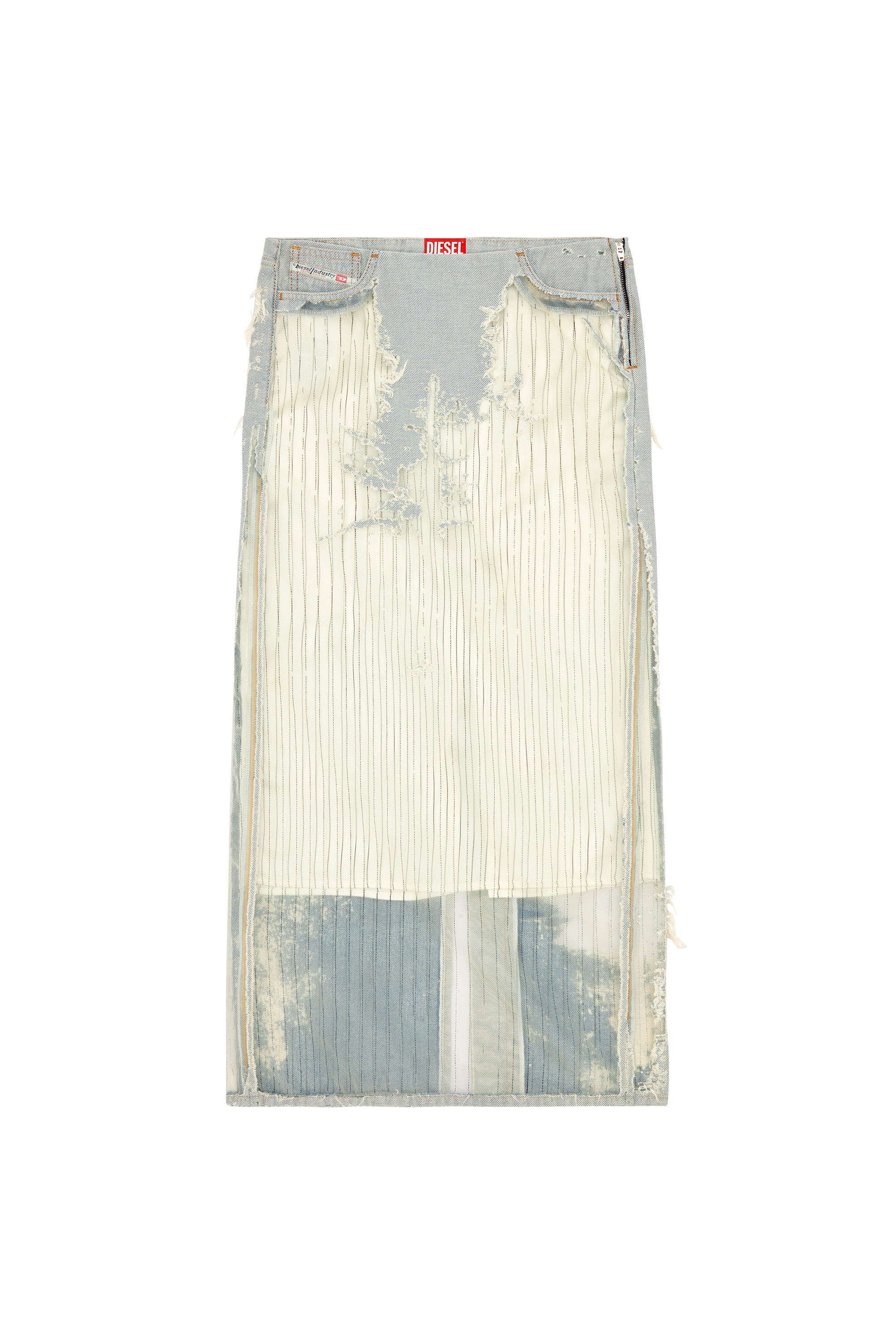 Diesel - DE-PIGO-FSE, Woman's Long skirt in pinstriped devoré denim in White - 3