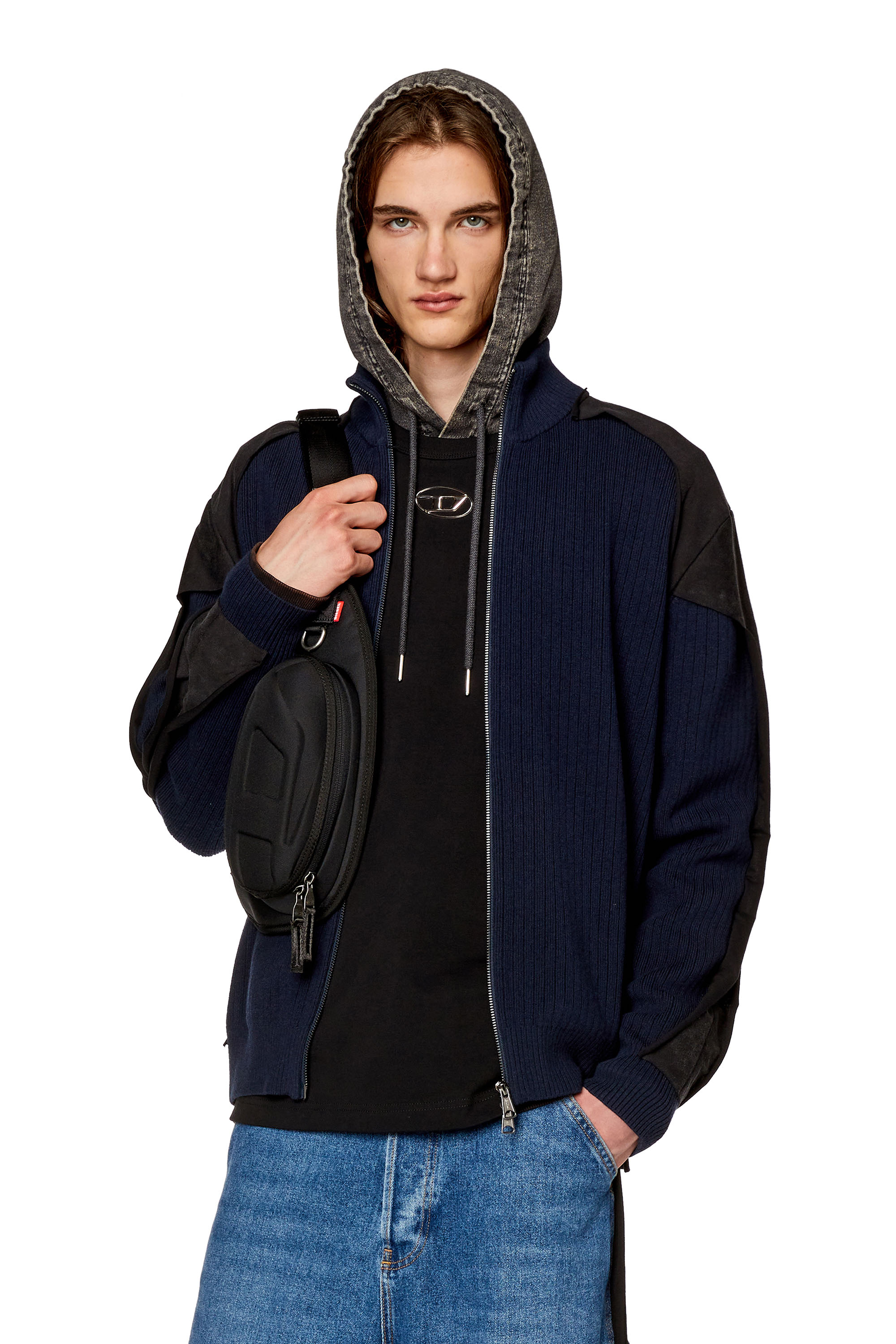 Diesel - K-LEUCA, Man's Wool cardigan with jersey panels in Night Blue - 1