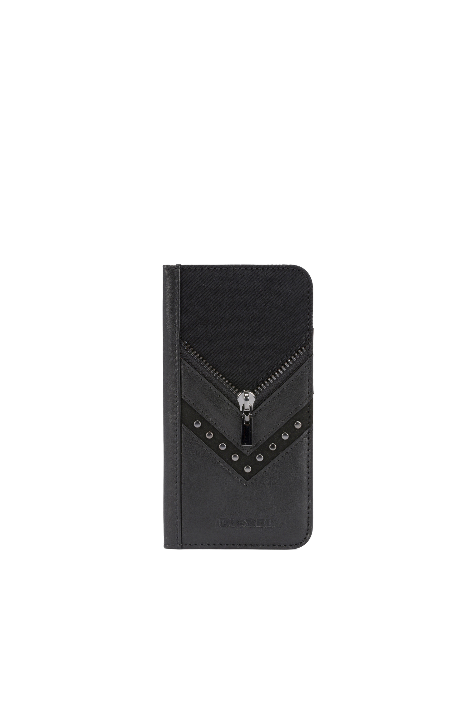 Diesel - BLACK DENIM/STUD/ZIPPER IPHONE 8/7 FOLIO, Unisex's Black denim folio with details, iPhone 8/7 in Black - 2