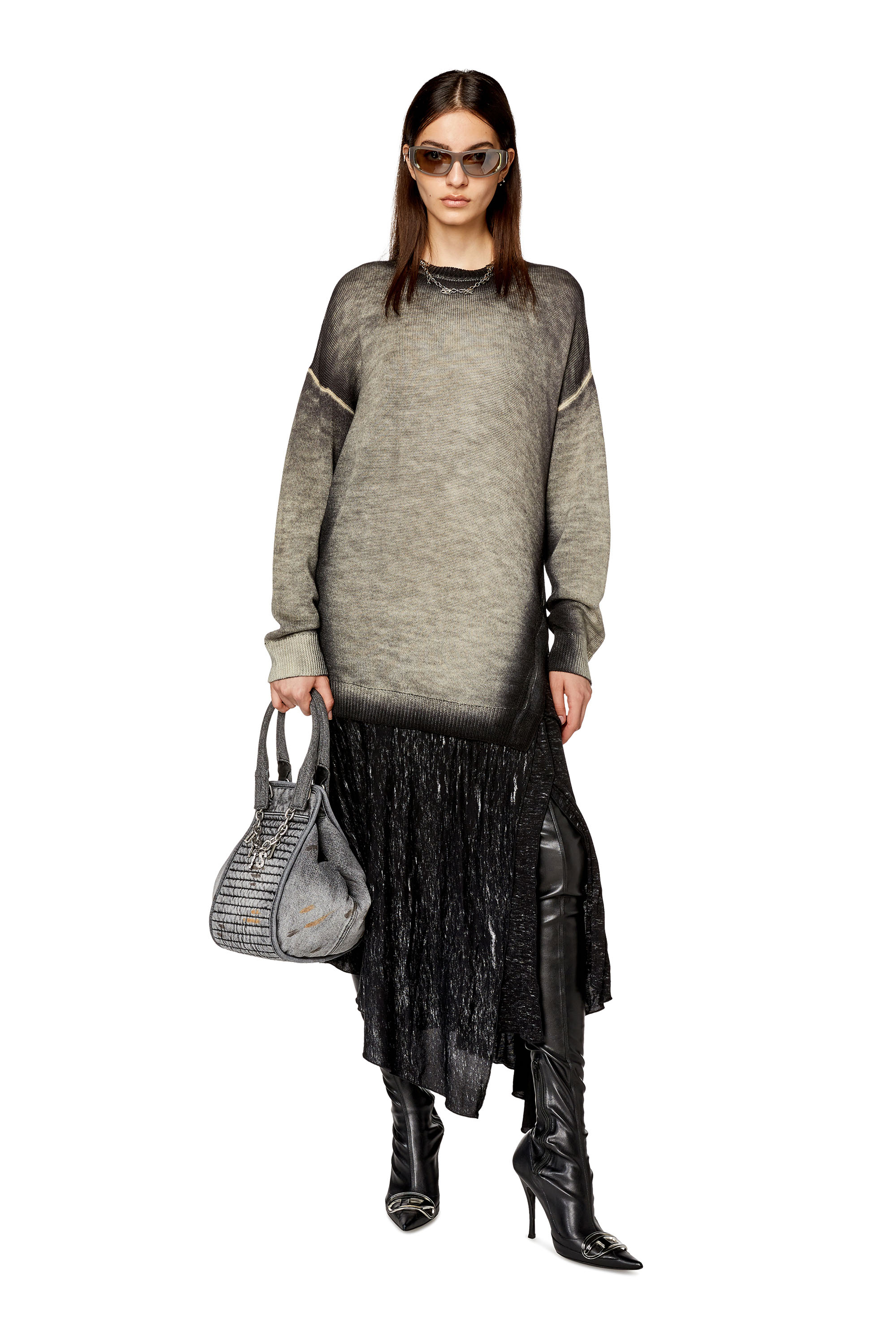 Diesel - M-KIMOLOS, Woman's Knitted midi dress with flounce skirt in Grey/Black - 1