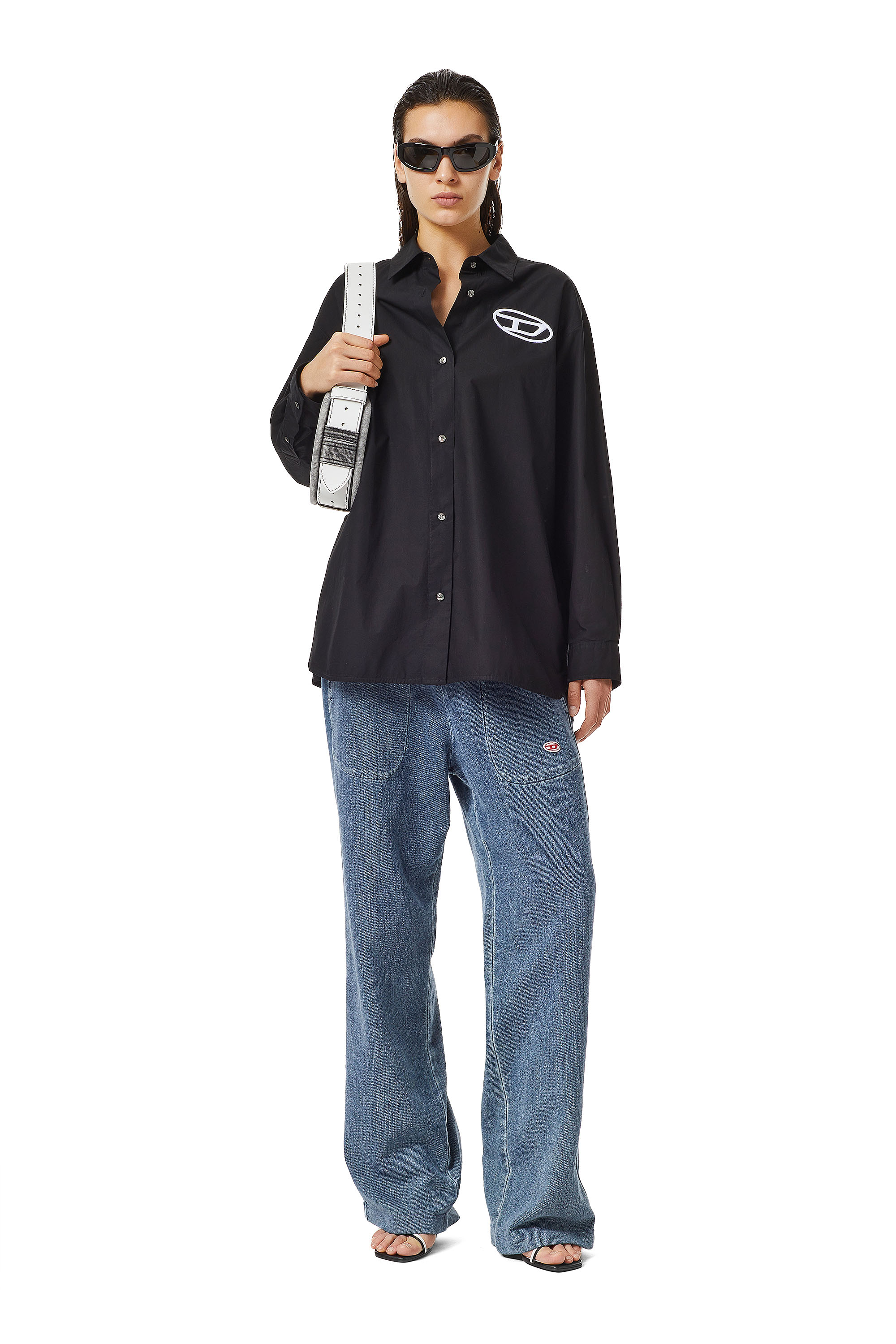 Diesel - C-BRUCE-A, Woman's Oversized shirt with oval logo in Black - 2