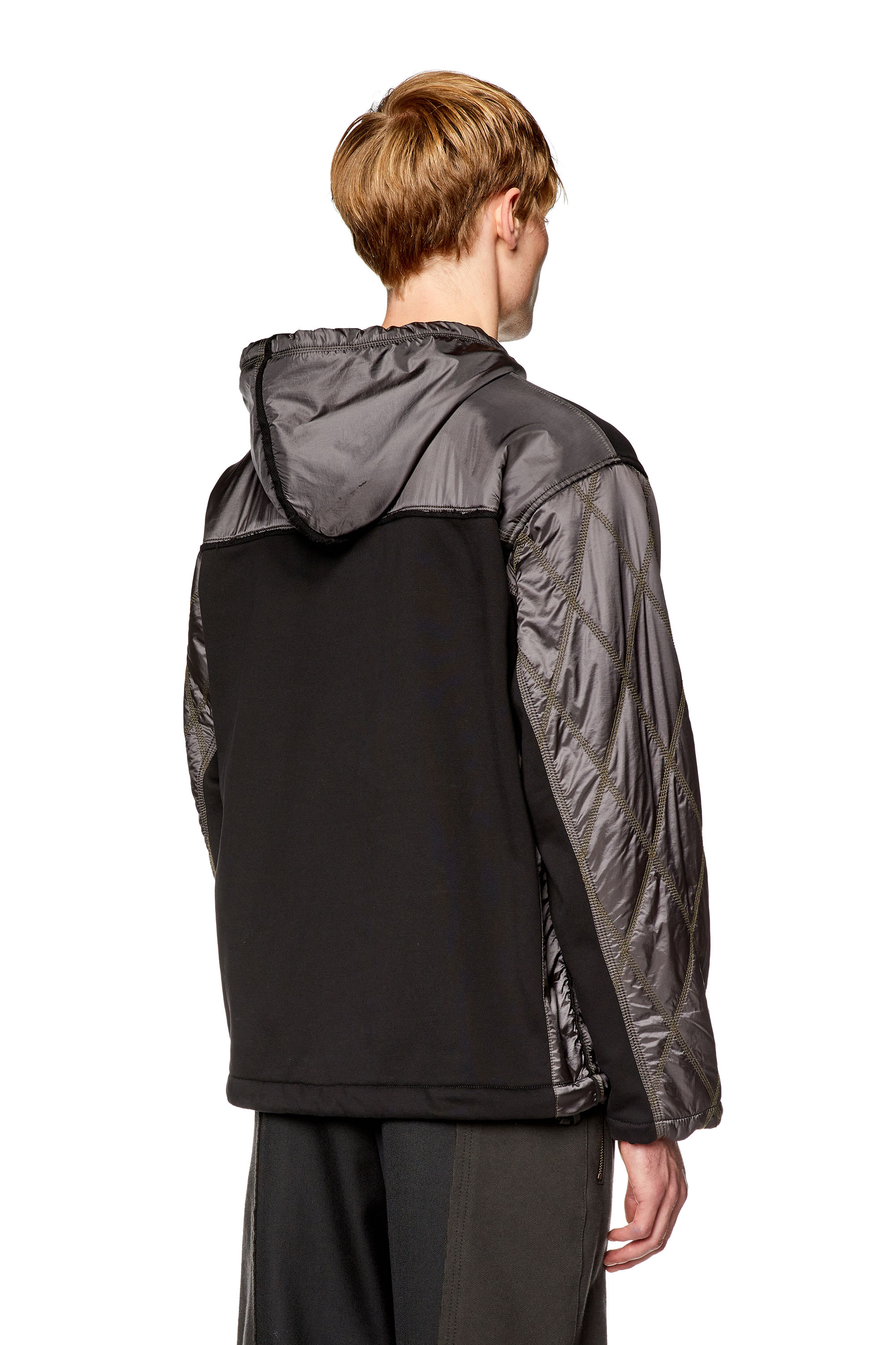 Diesel - J-ROMBE, Man's Hooded jacket in fleece and quilted nylon in Black - 4