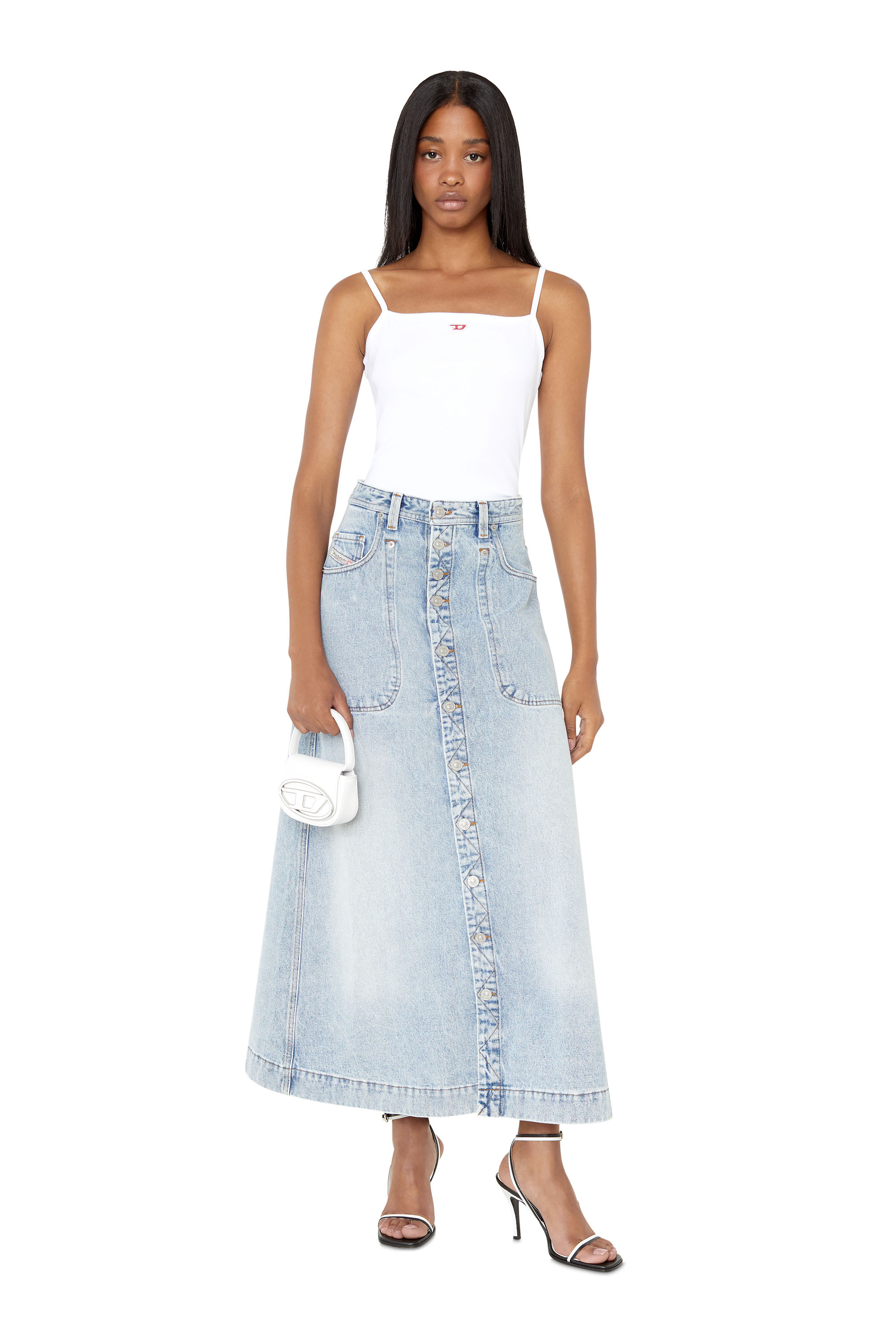 Diesel - DE-ALBUS-L A-LINE LONG SKIRT, Woman's A-line skirt in denim in Light Blue - 2