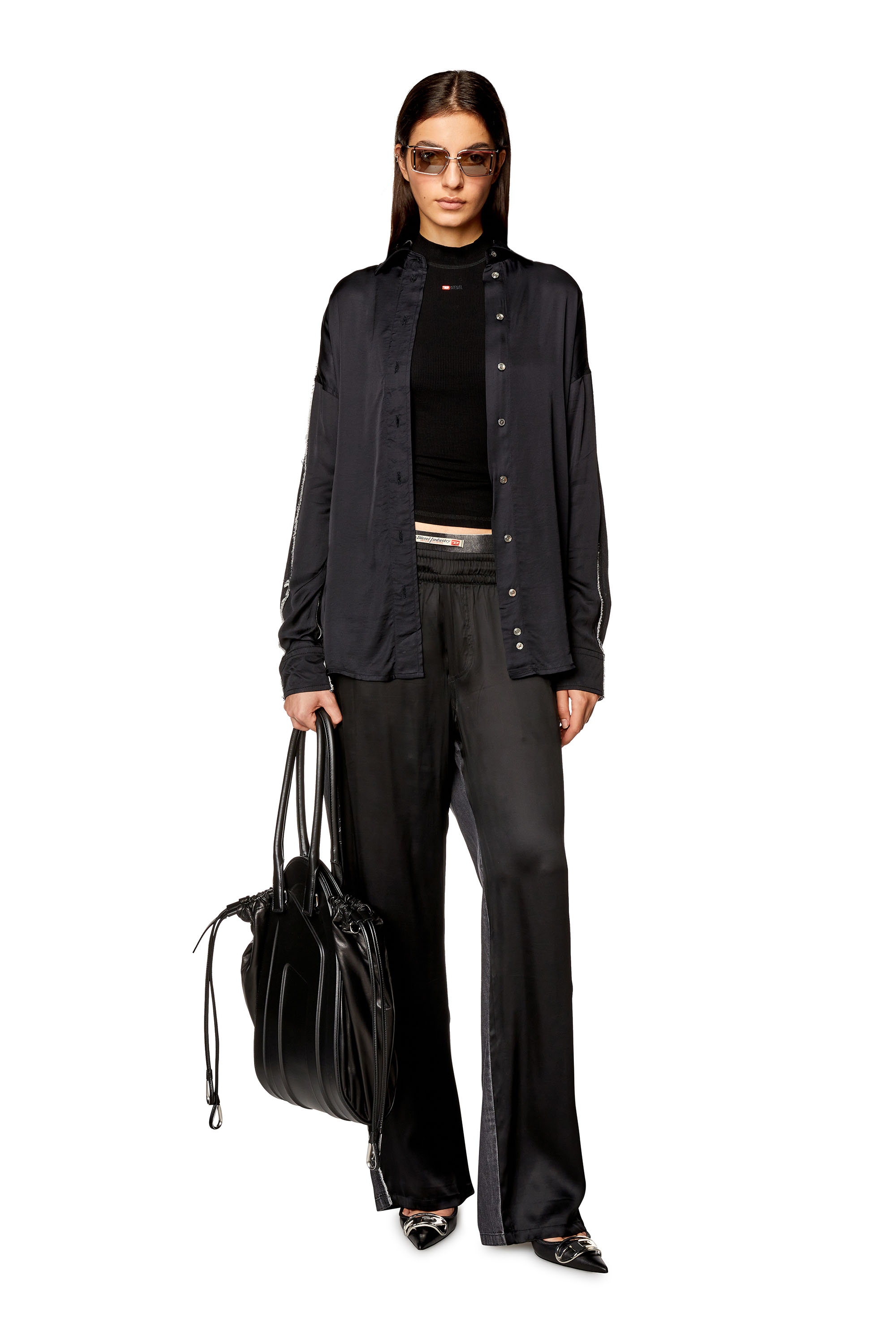 Diesel - P-FERN-DNM, Woman's Hybrid pants in satin and denim in Black - 2