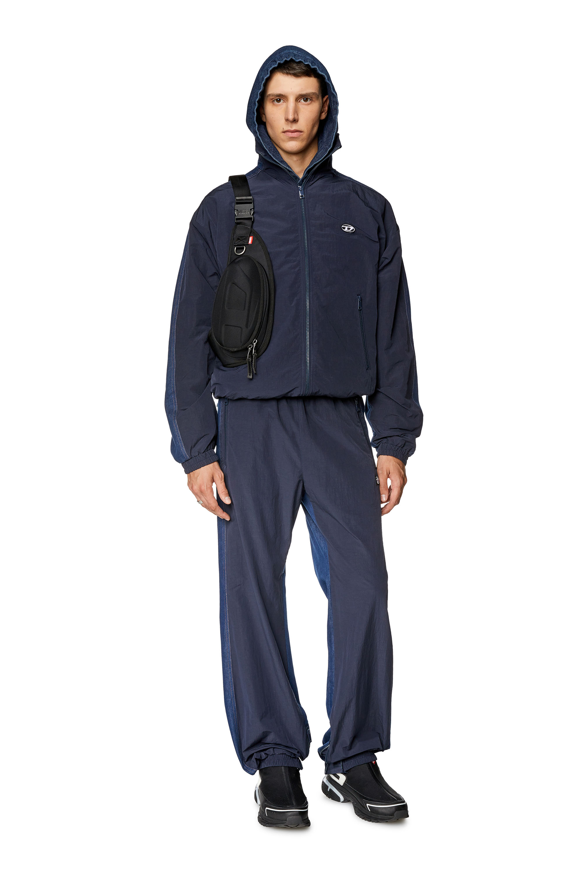 Diesel - J-BRIGHT, Man's Track jacket in wrinkled nylon and denim in Blue - 2