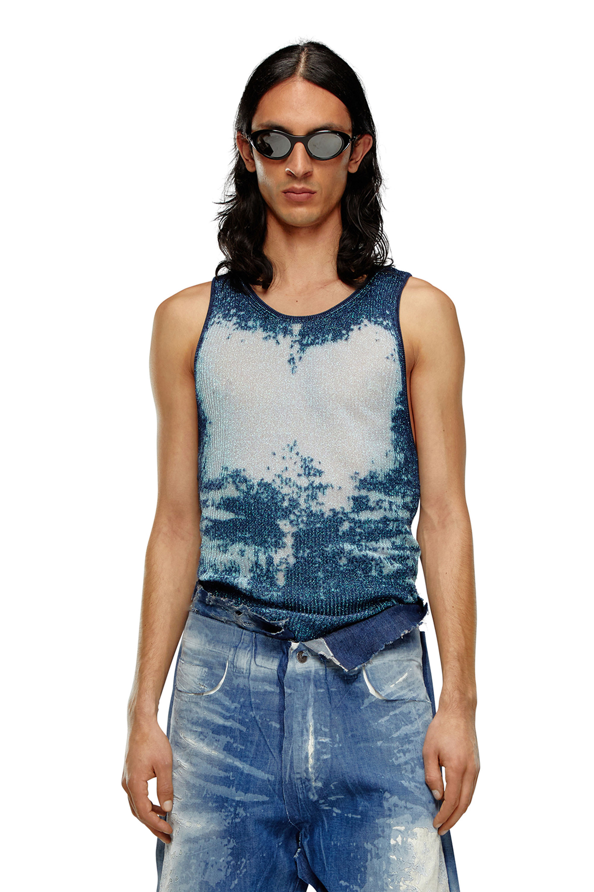 Diesel - K-BOSSINO, Man's Tank top in devoré metallic knit in Blue - 1