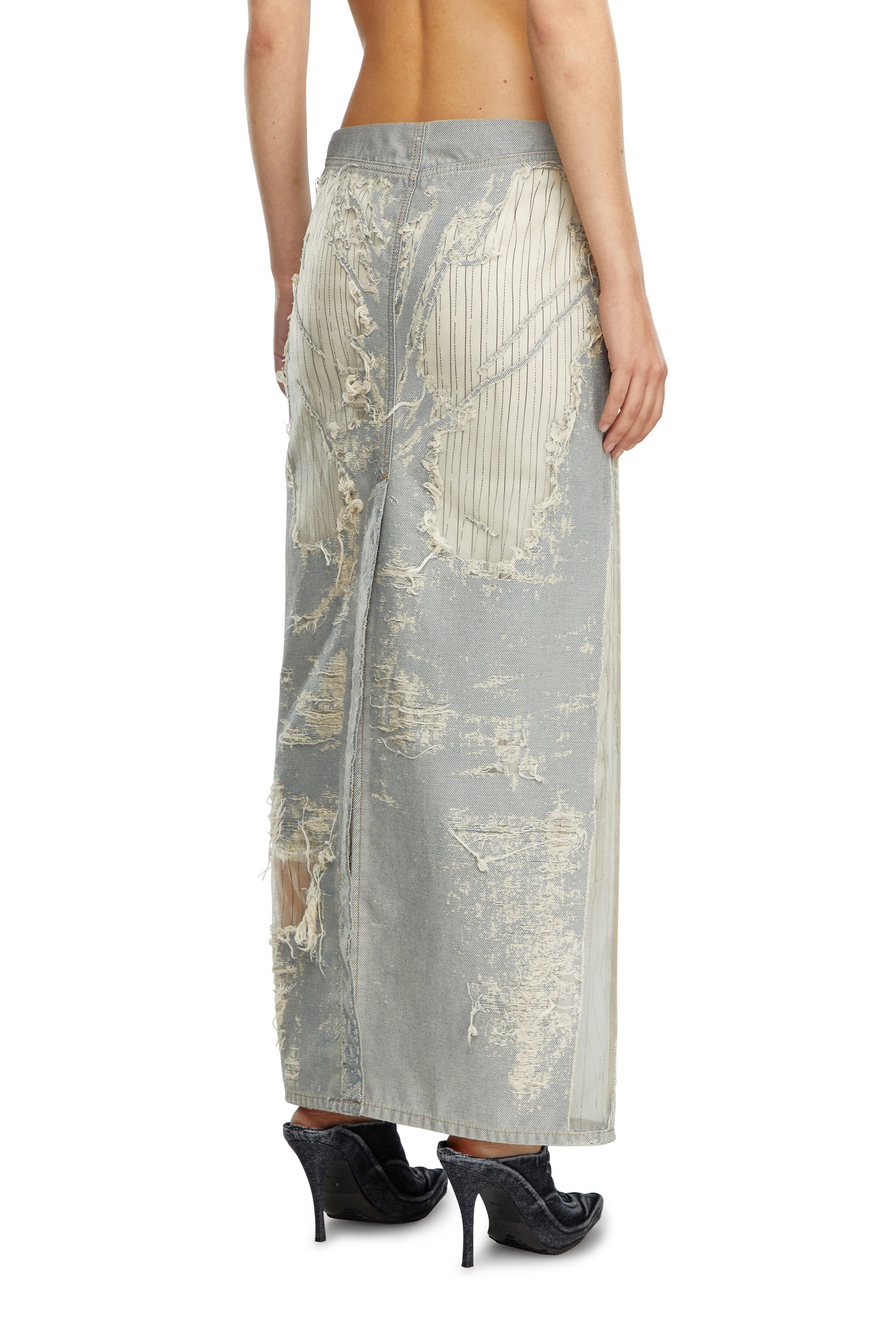 Diesel - DE-PIGO-FSE, Woman's Long skirt in pinstriped devoré denim in White - 4