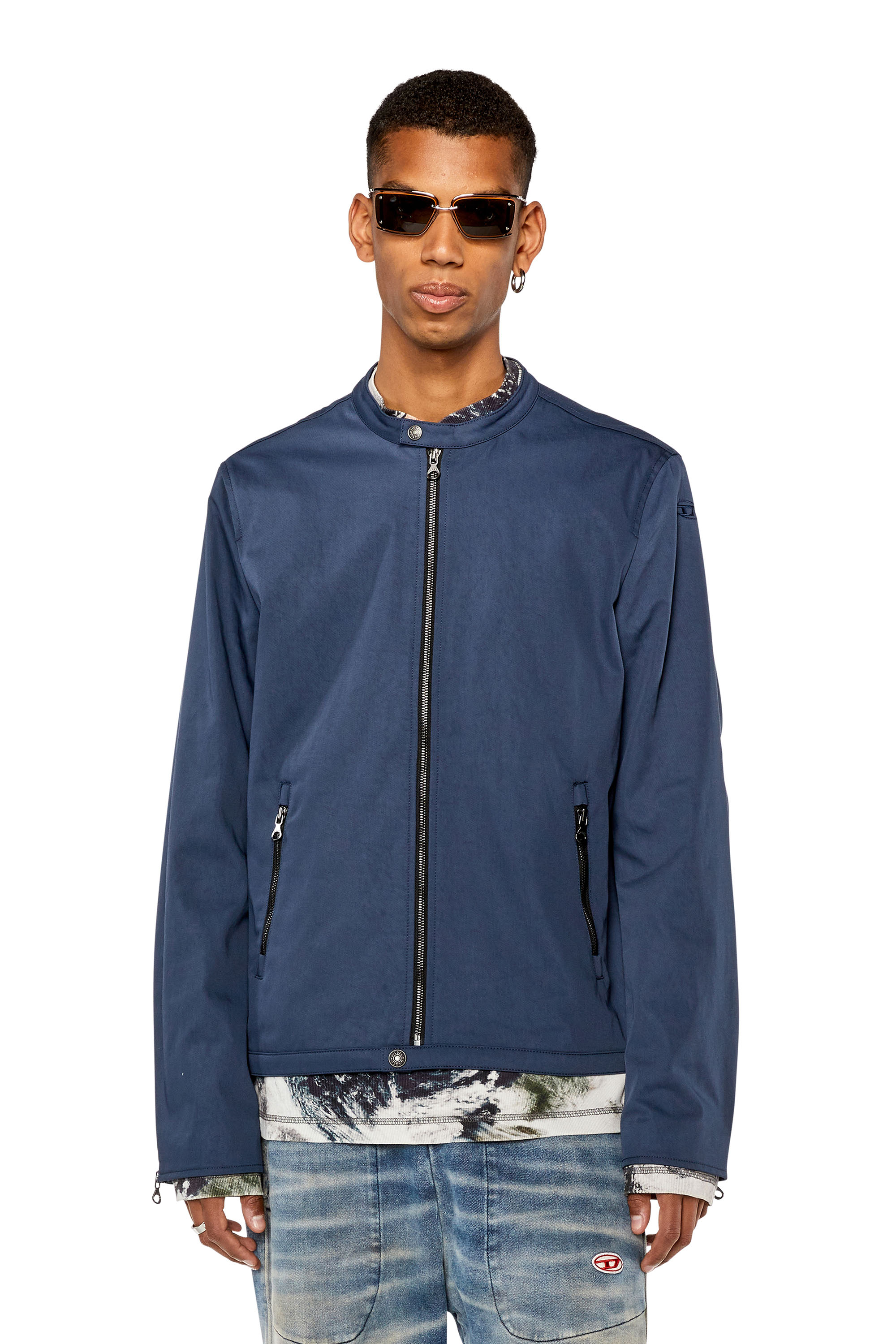 Diesel - J-GLORY-NW, Man's Biker jacket in cotton-touch nylon in Dark Blue - 1