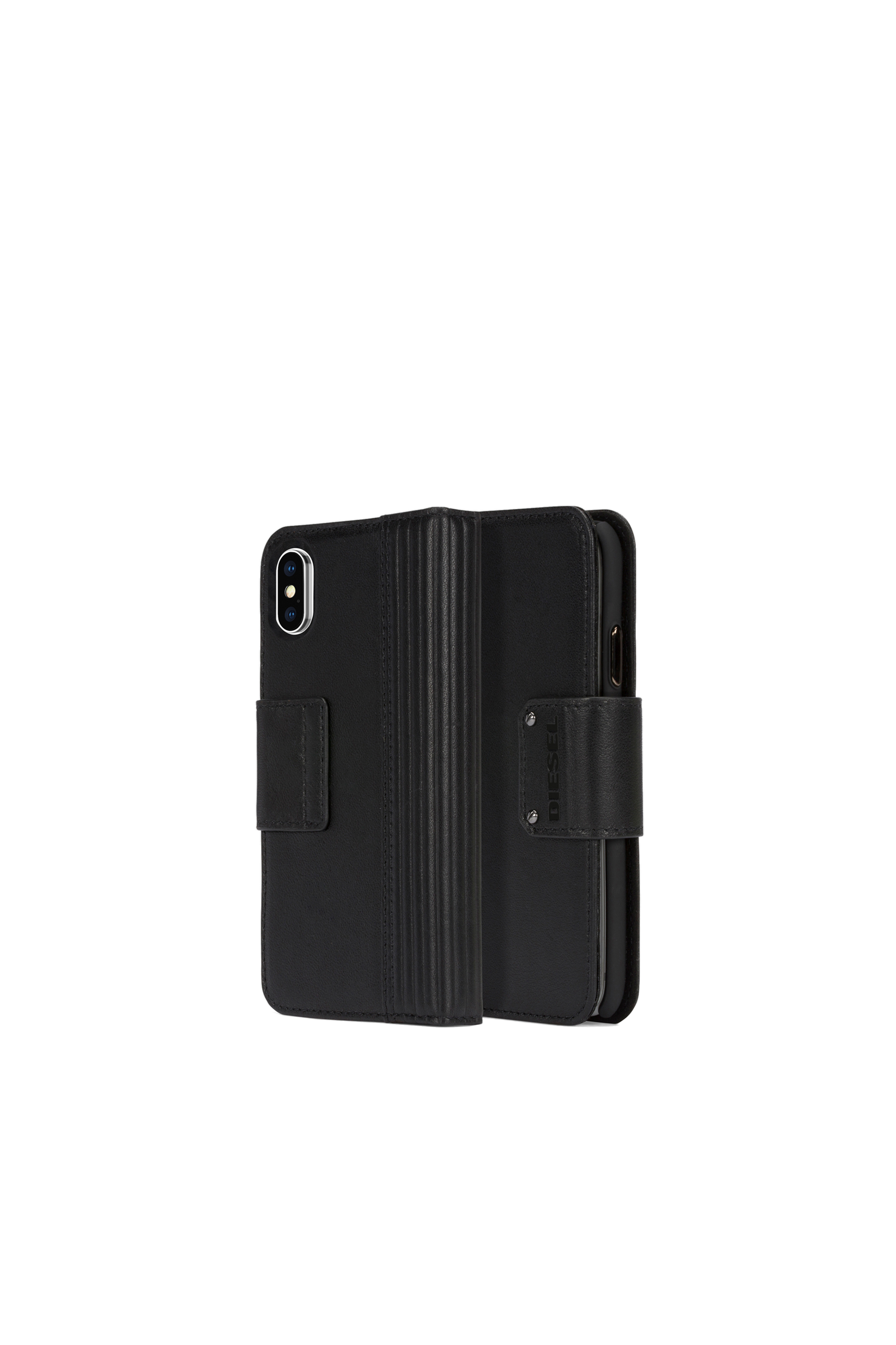 Diesel - BLACK LINED LEATHER IPHONE X FOLIO, Unisex's Black lined leather folio, iPhone X in Black - 1