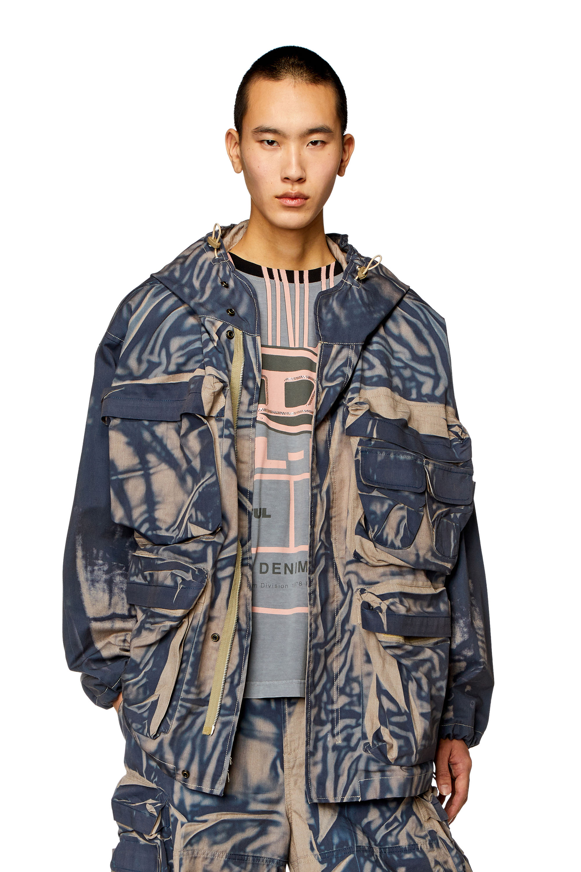 Diesel - J-CADMUS, Man's Cargo jacket with creased print in Beige/Blue - 1