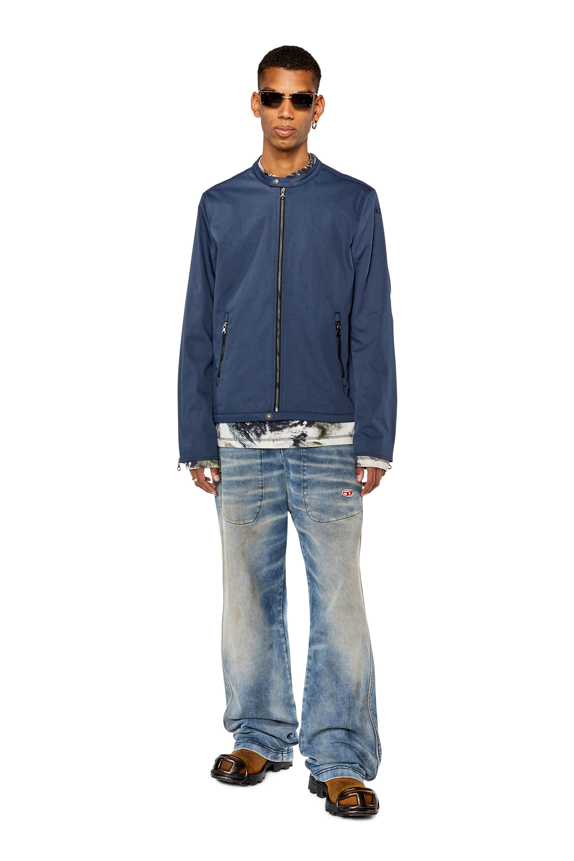 Diesel - J-GLORY-NW, Man's Biker jacket in cotton-touch nylon in Dark Blue - 2