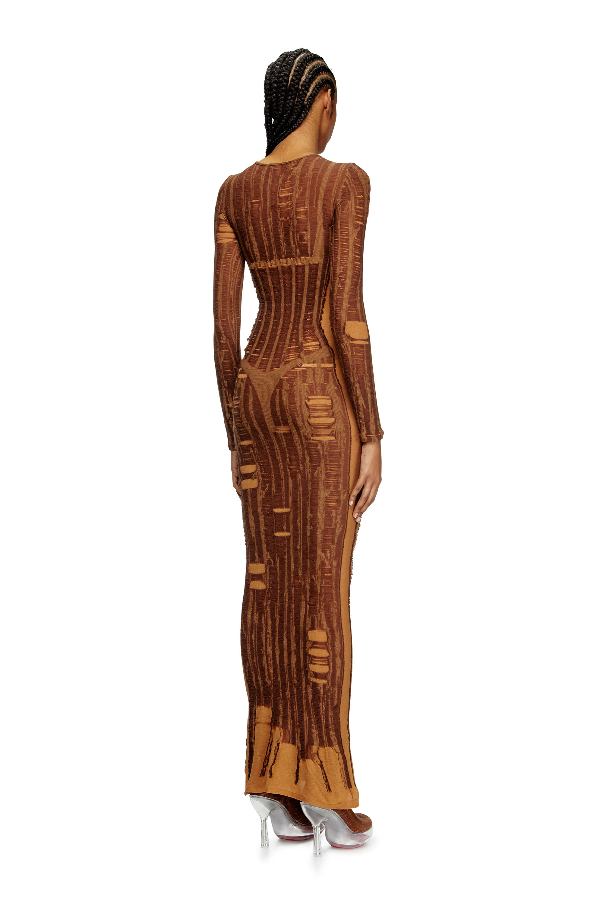 Diesel - M-CALIMERA, Woman's Maxi dress in distressed second-skin knit in Brown - 3