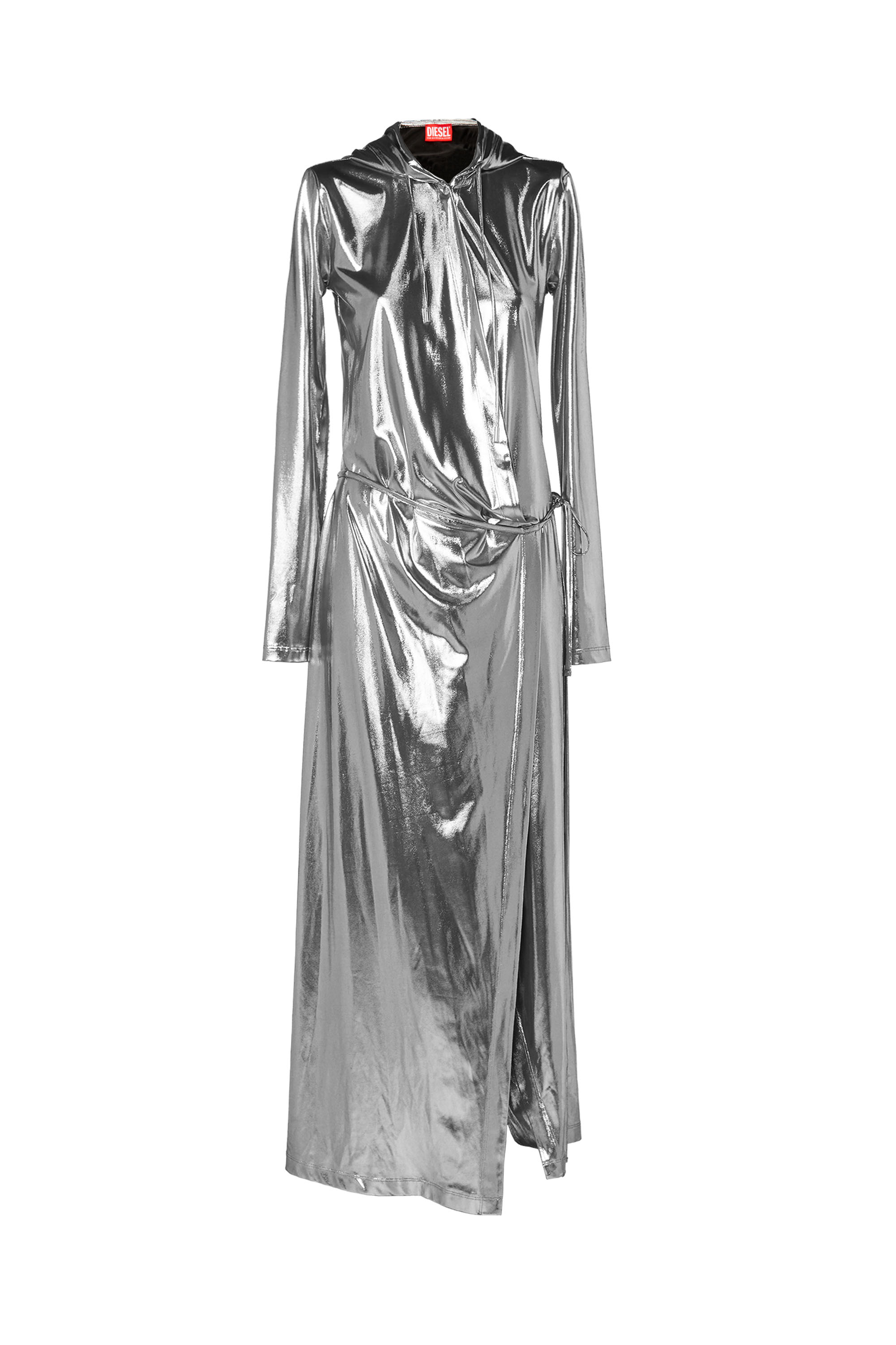 Diesel - D-FANZY-N1, Woman's Hooded maxi dress in metallic jersey in Silver - 2