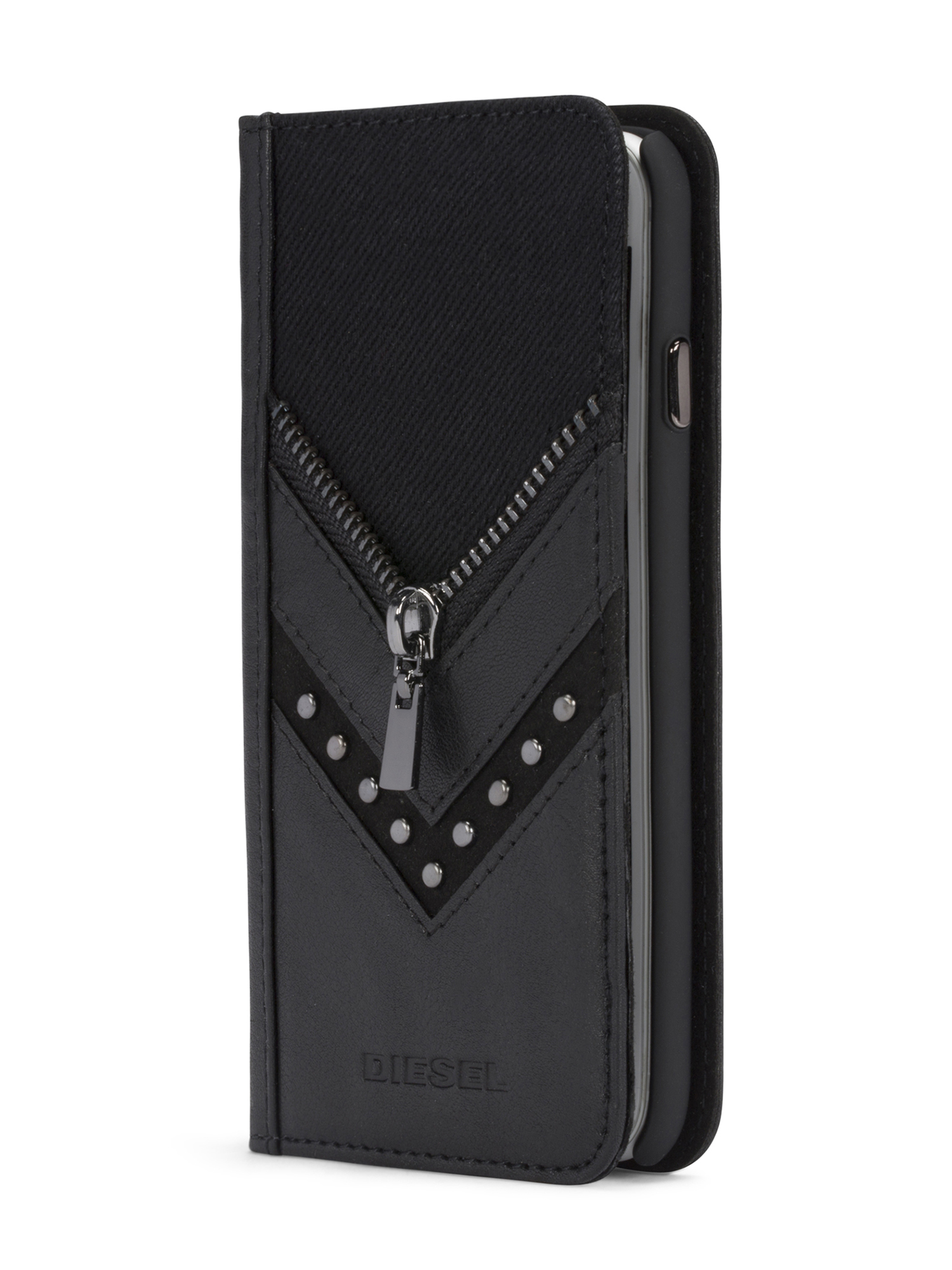 BLACK DENIM/STUD/ZIPPER IPHONE 8 PLUS/7 PLUS  FOLIO, Black