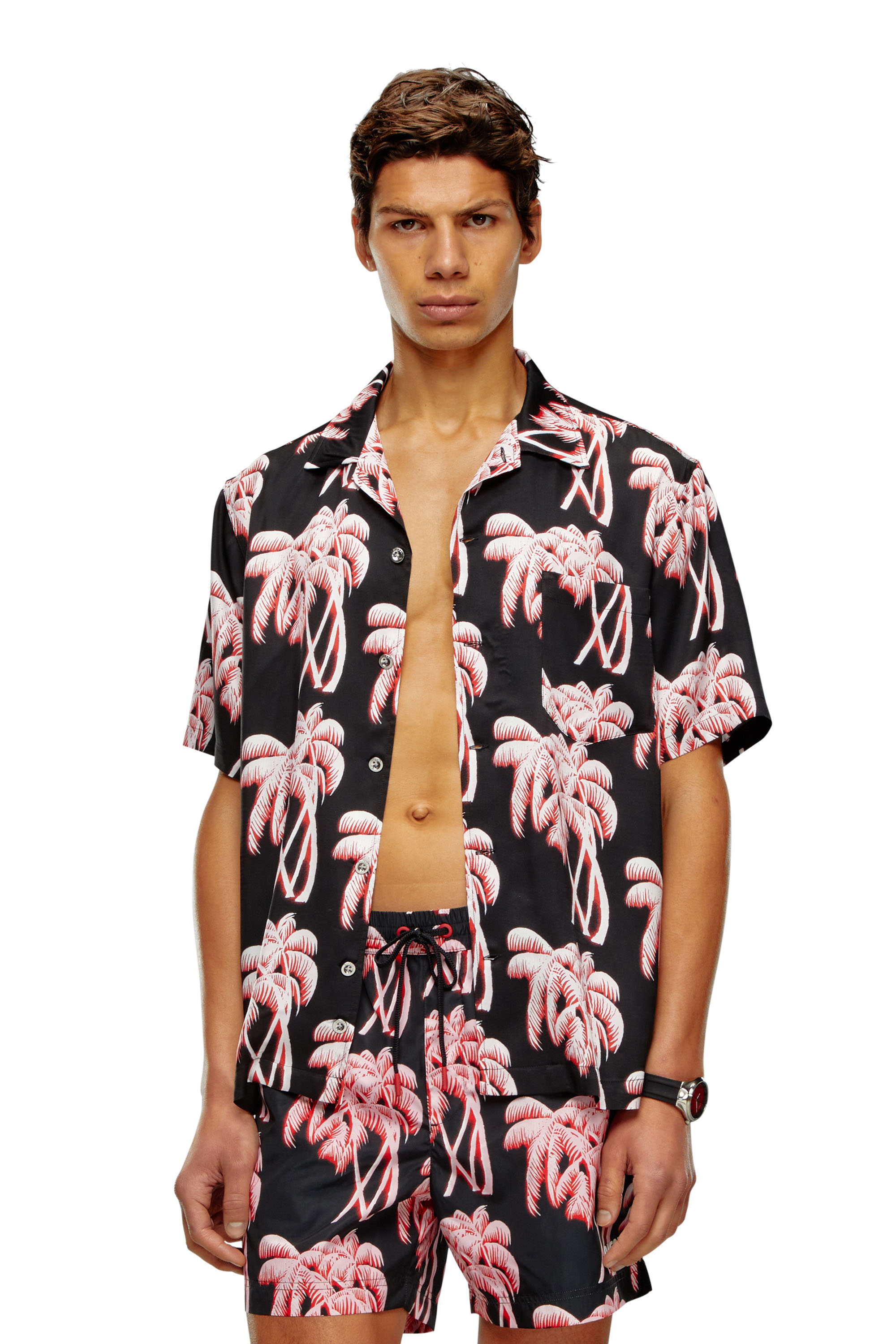 Diesel - BMOWT-ADRIAN, Man's Beach shirt with palm trees print in Black/Pink - 1