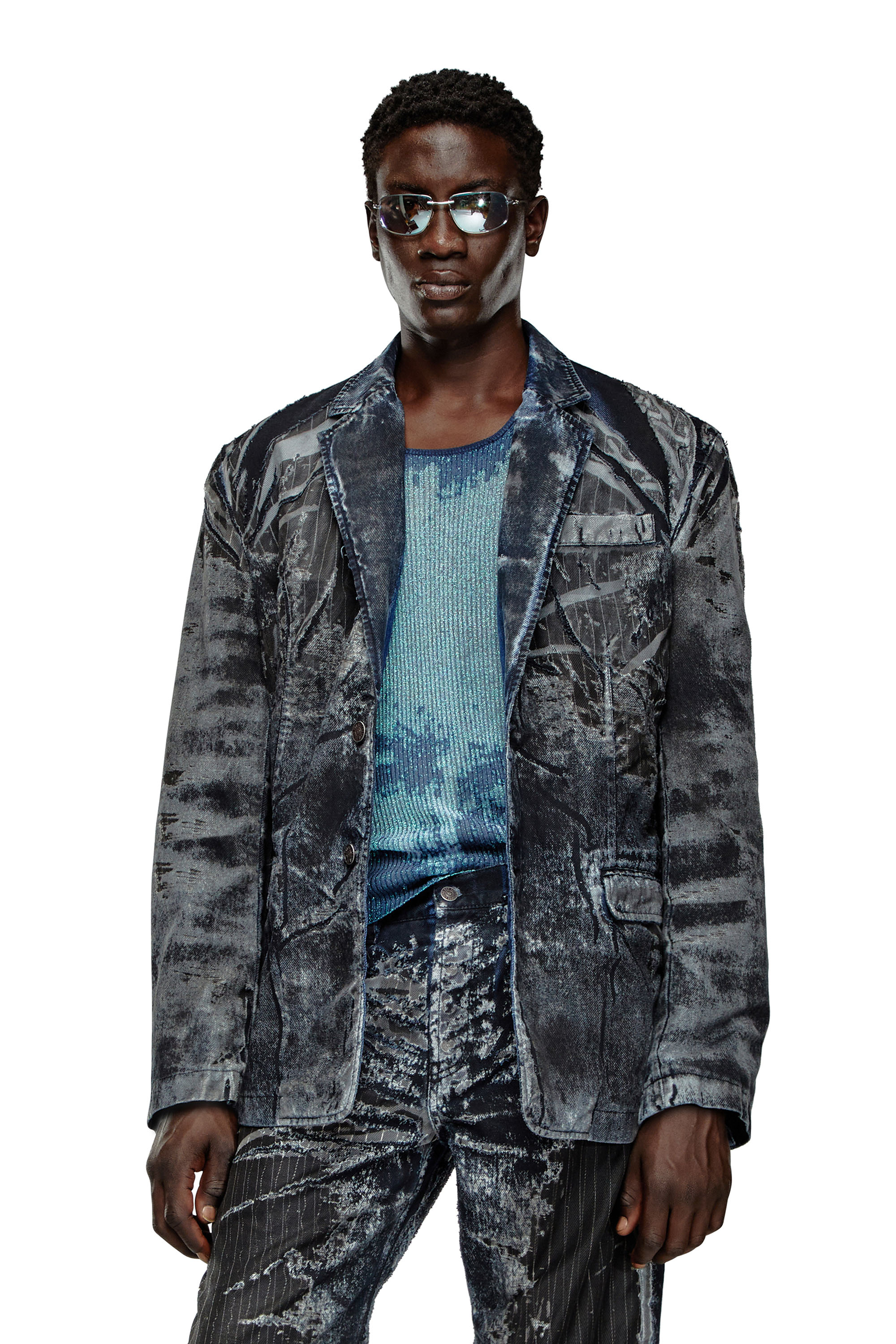 Diesel - D-BLA-DEV-FSE, Unisex's Blazer in pinstriped devoré denim in Black/Blue - 1