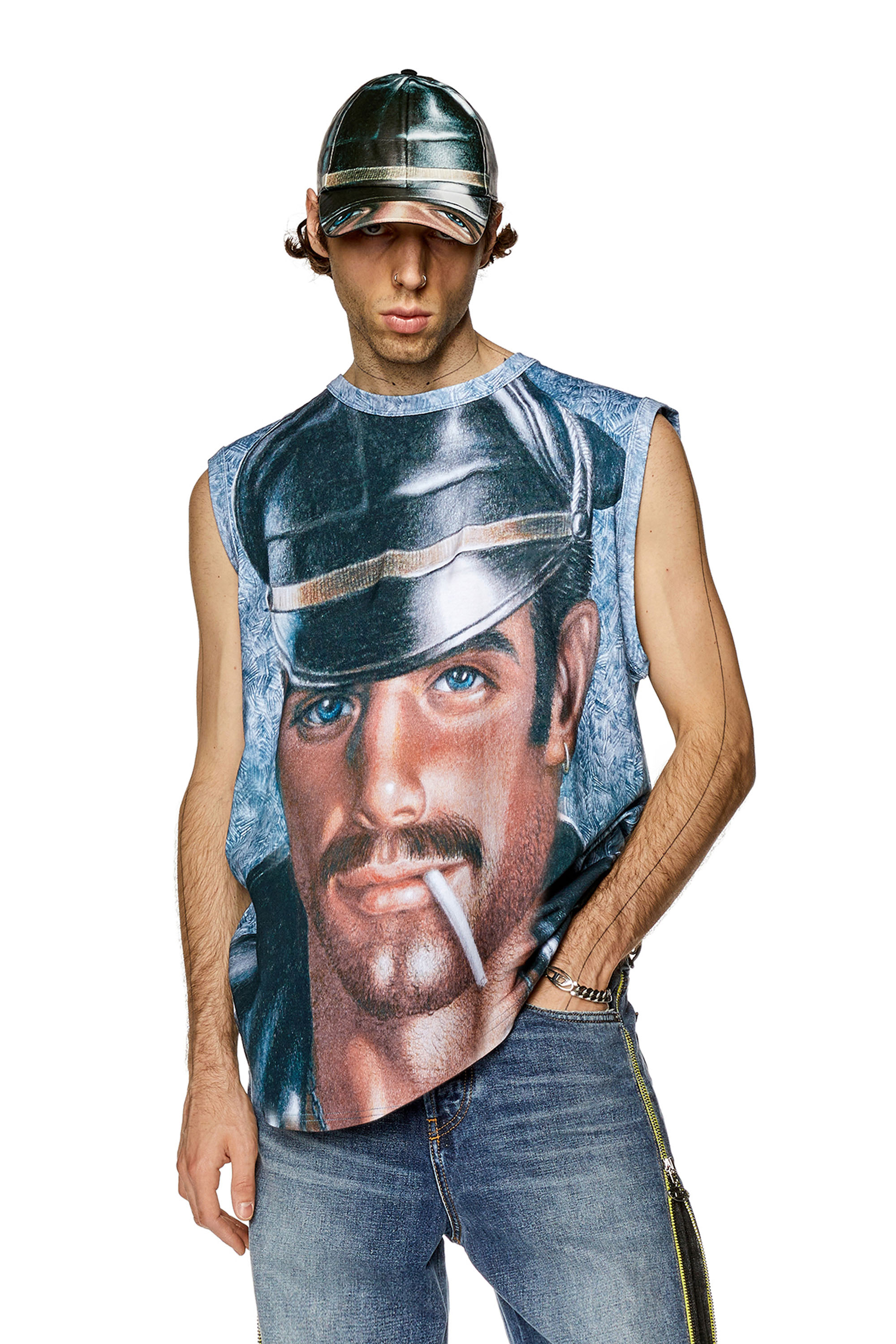 Diesel - PR-T-BISCO-LONGER, Unisex's Loose-fit muscle tee with all-over print in Blue - 1