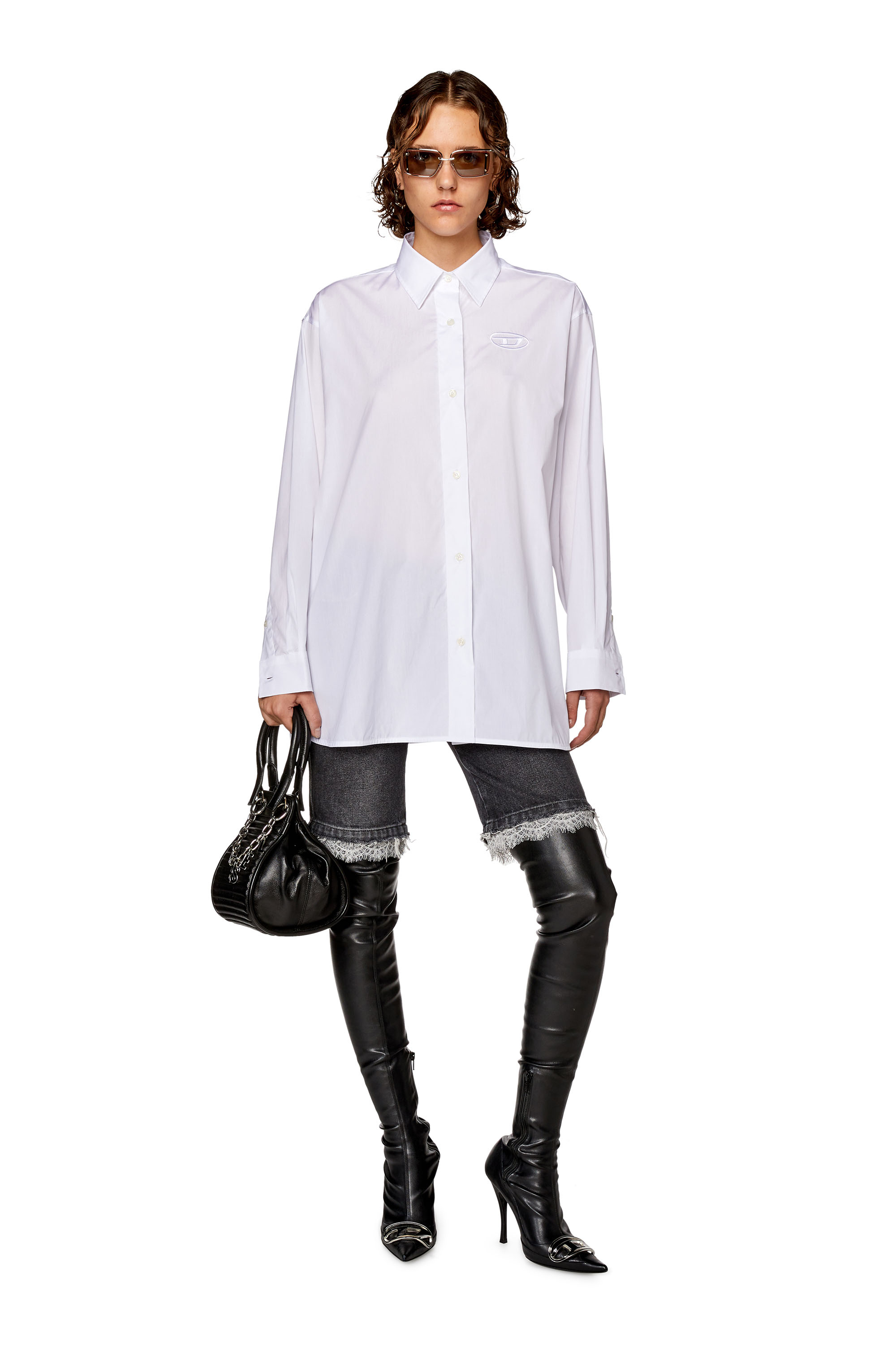 Diesel - C-BRUCE-B, Woman's Loose shirt with 3D embroidery in White - 2
